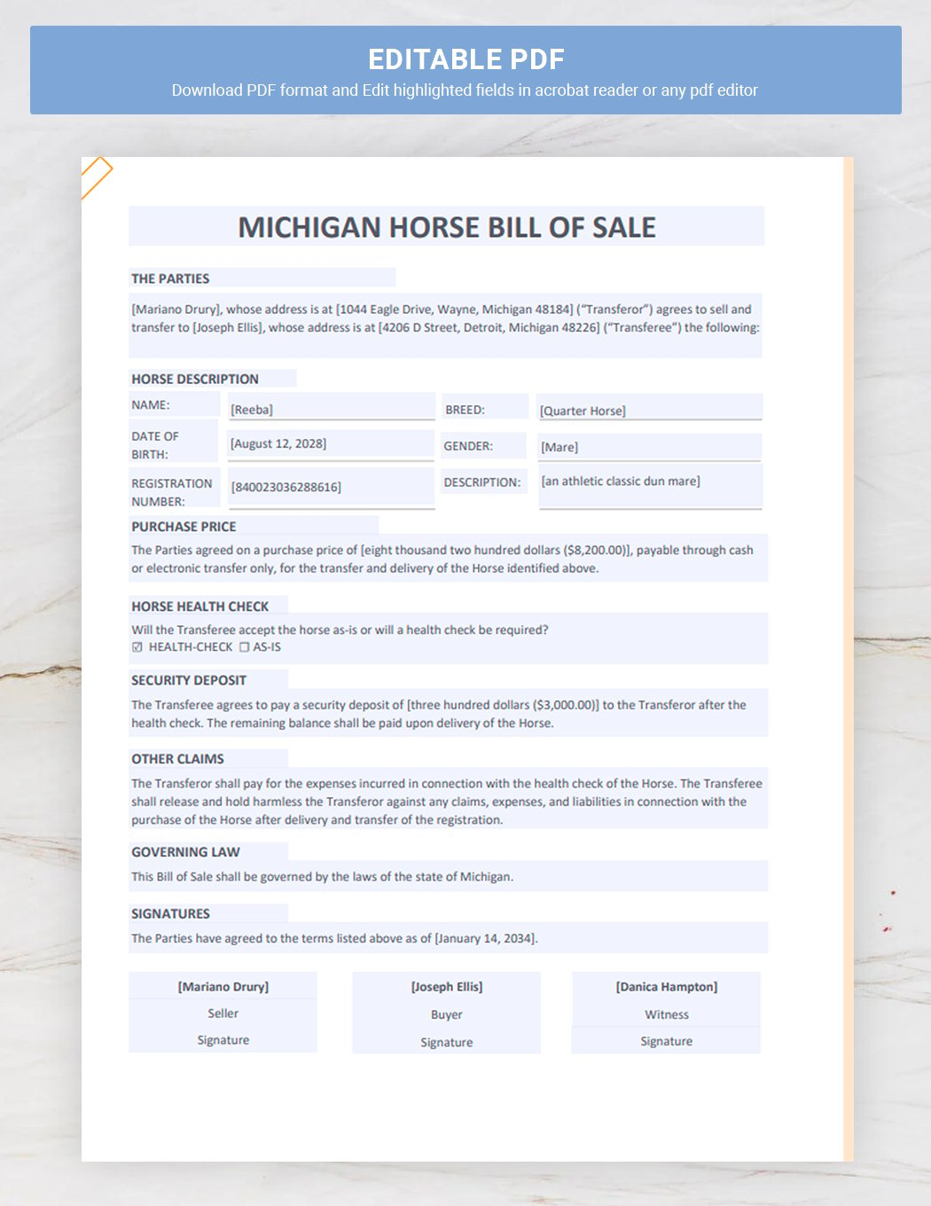 Michigan Horse Bill of Sale Template