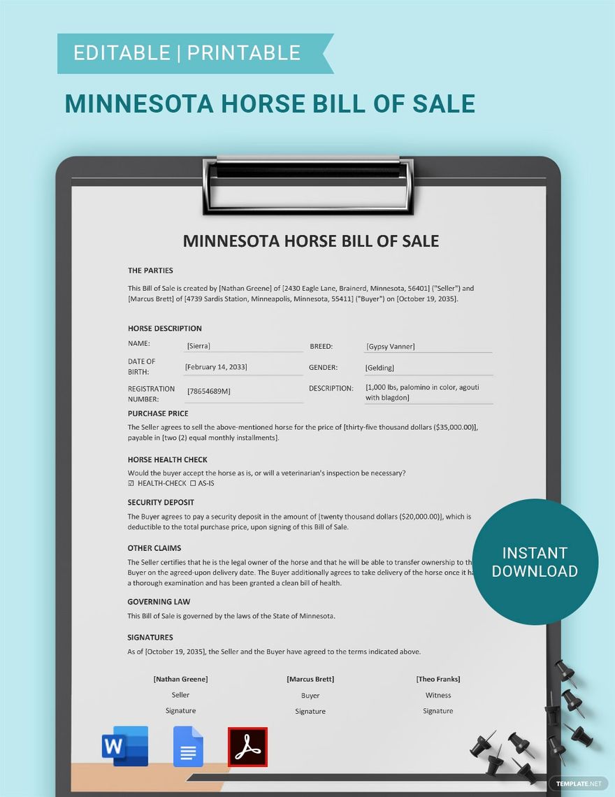 Minnesota Horse Bill of Sale Template