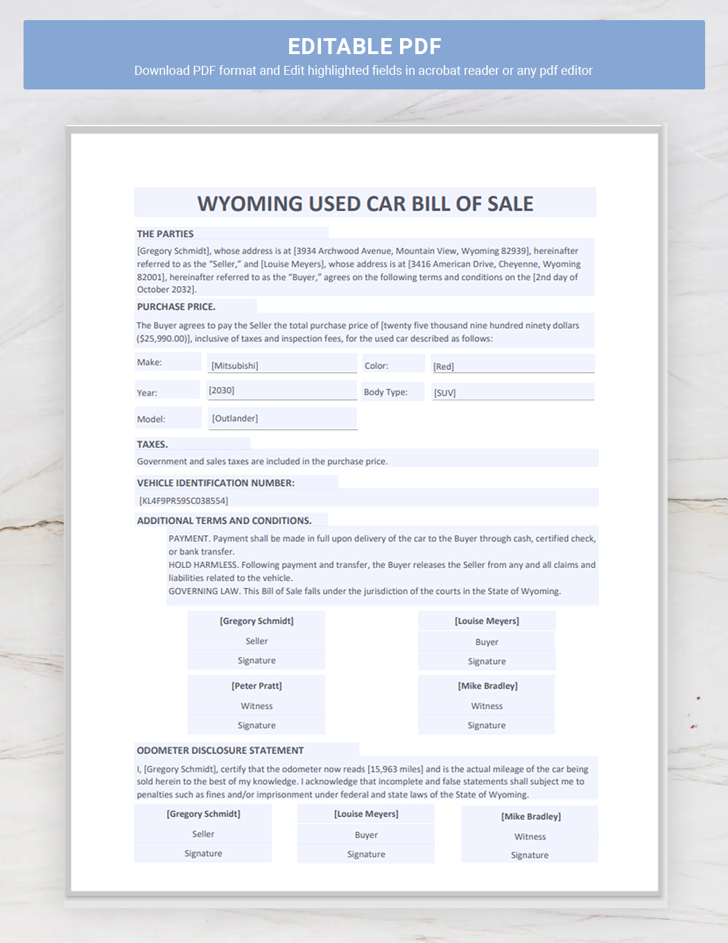 Wyoming Used Car Bill of Sale Template