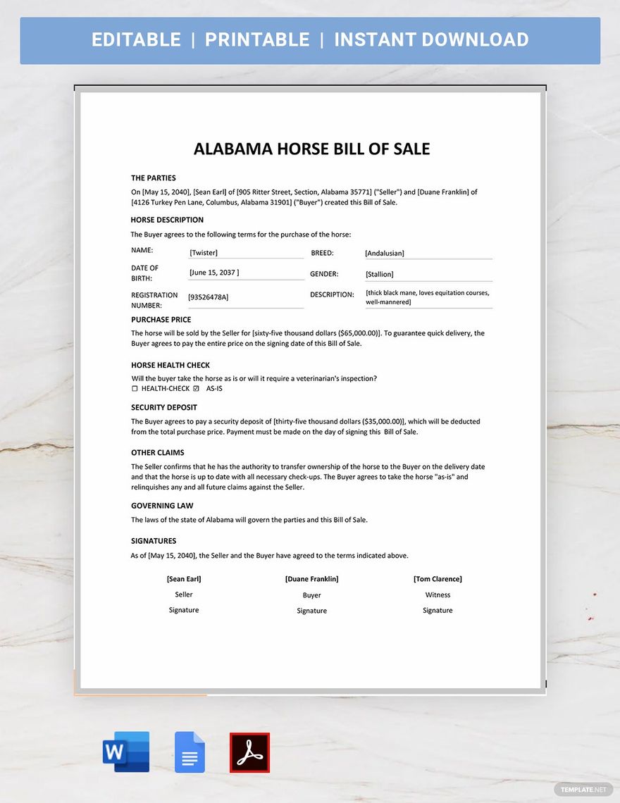 Alabama Horse Bill of Sale Template in Word, Google Docs, PDF