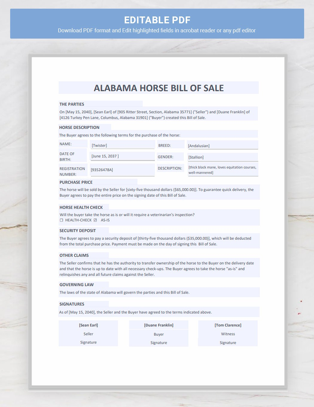 Alabama Horse Bill of Sale Template