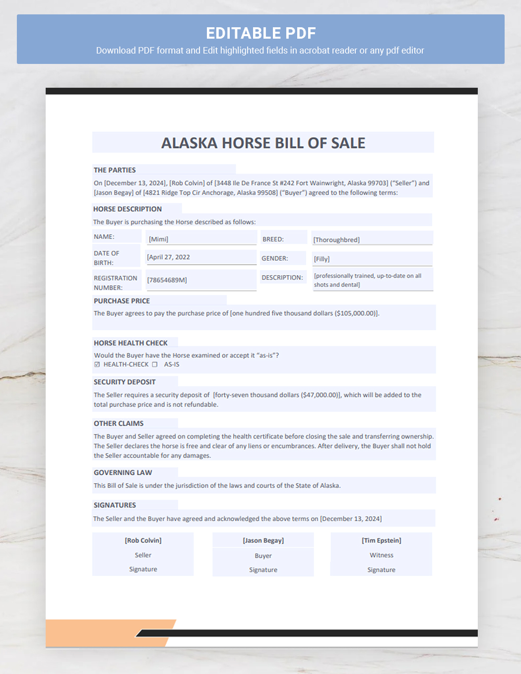 Alaska Horse Bill of Sale Template