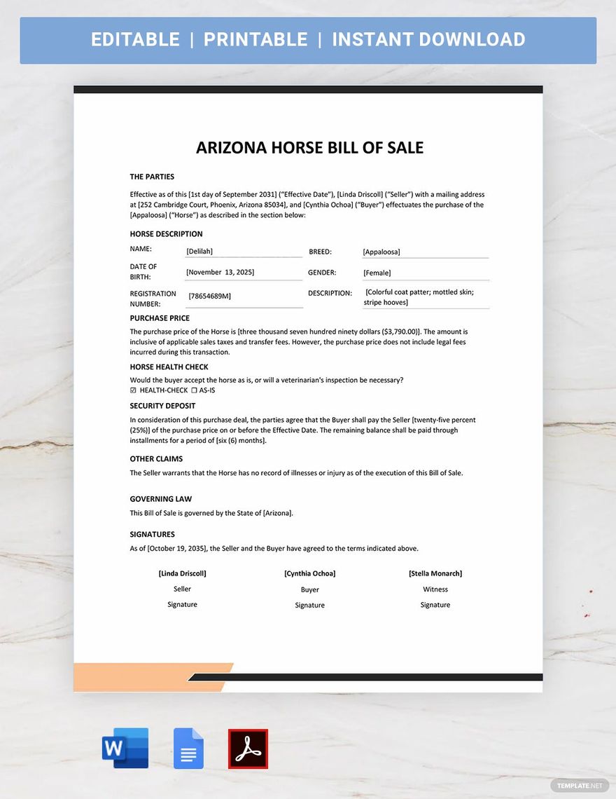 Arizona Horse Bill Of Sale Template