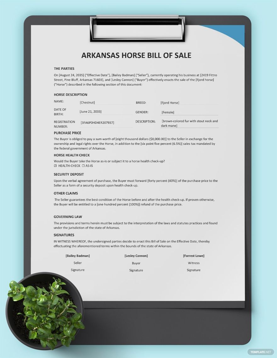 Arkansas Horse Bill of Sale Form Template