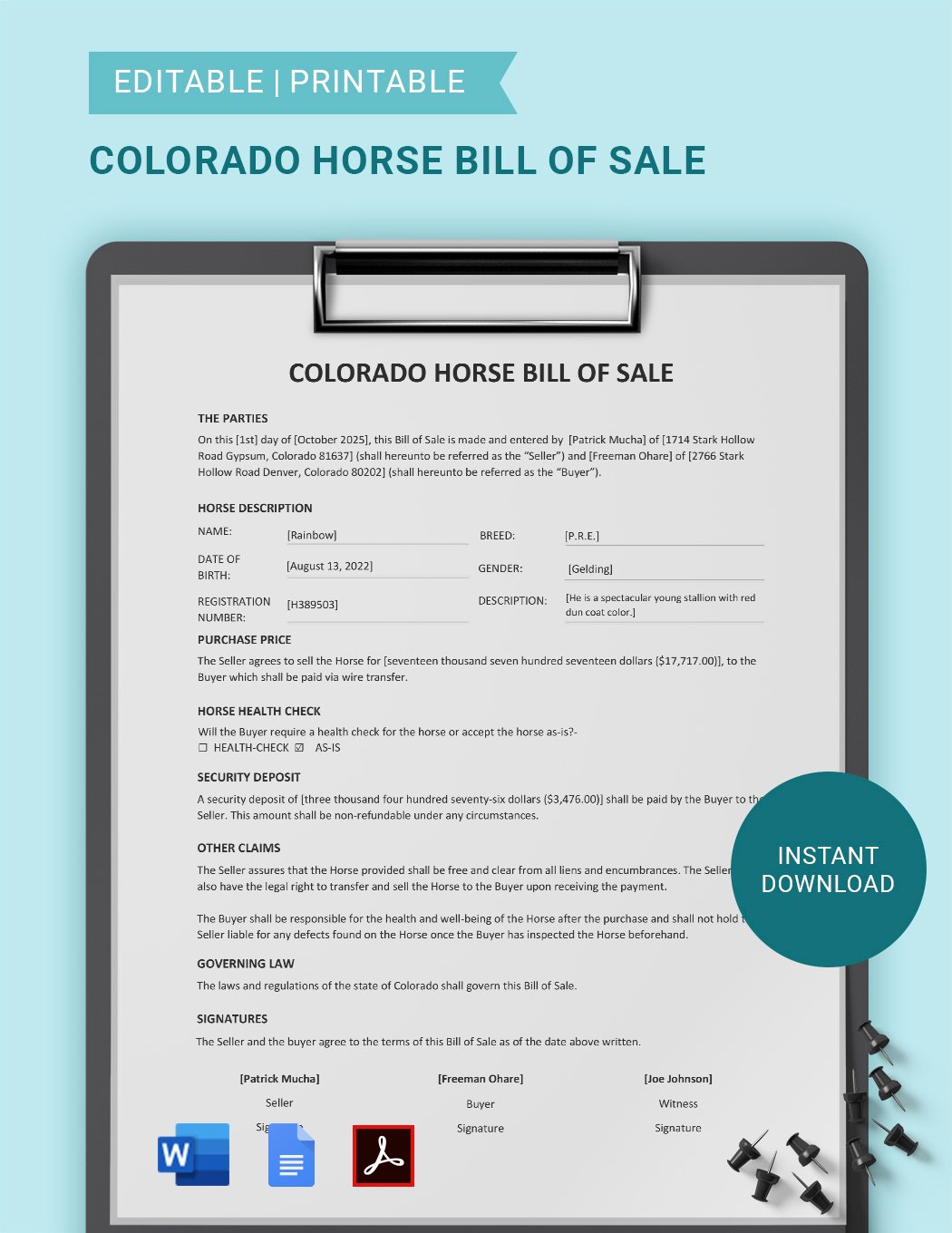 Colorado Horse Bill of Sale Template in Word, Google Docs, PDF