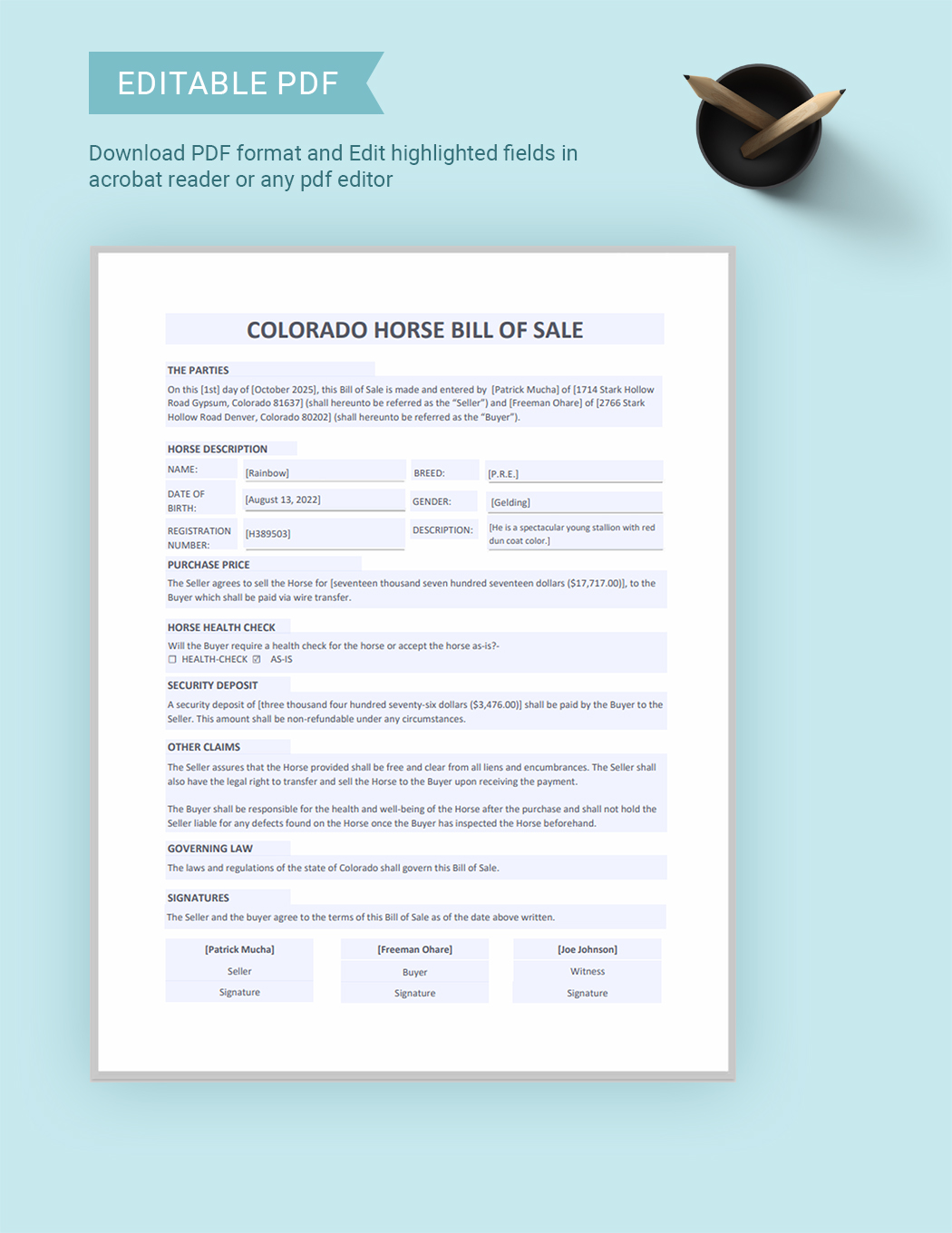 Colorado Horse Bill of Sale Template