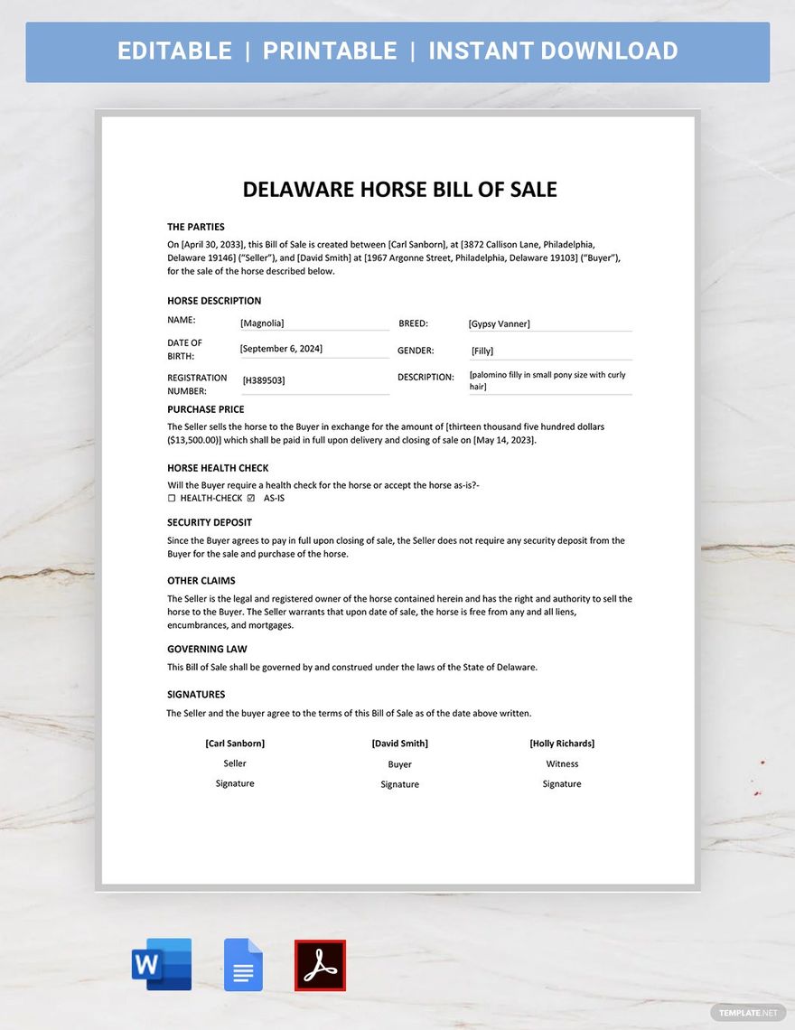Delaware Horse Bill of Sale Template