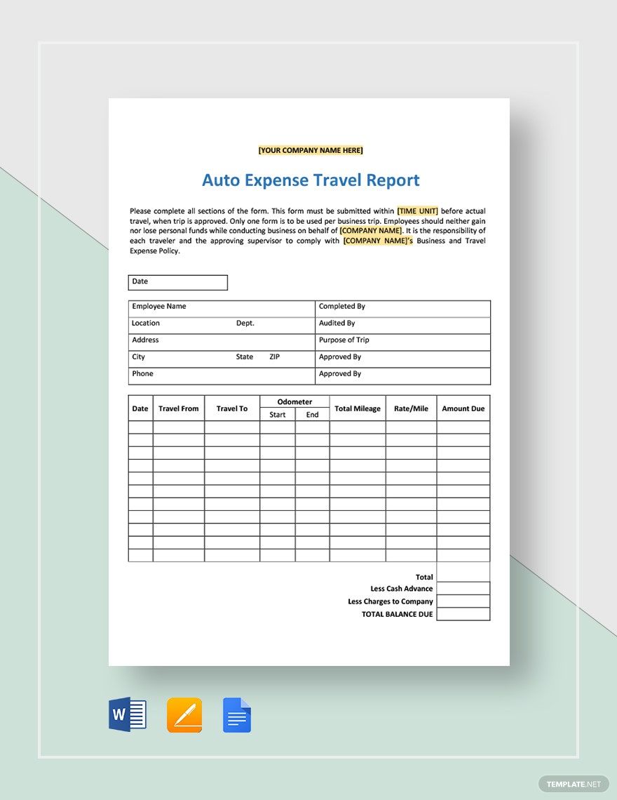 Auto Expense Travel Report Template