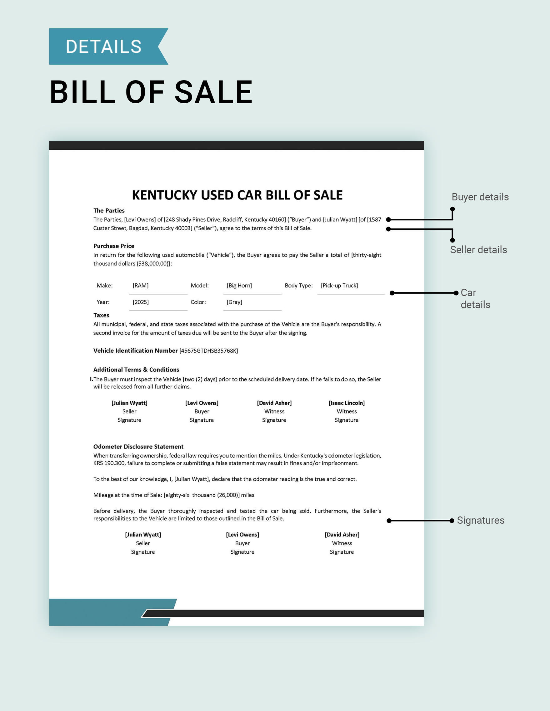 Kentucky Used Car Bill of Sale Template