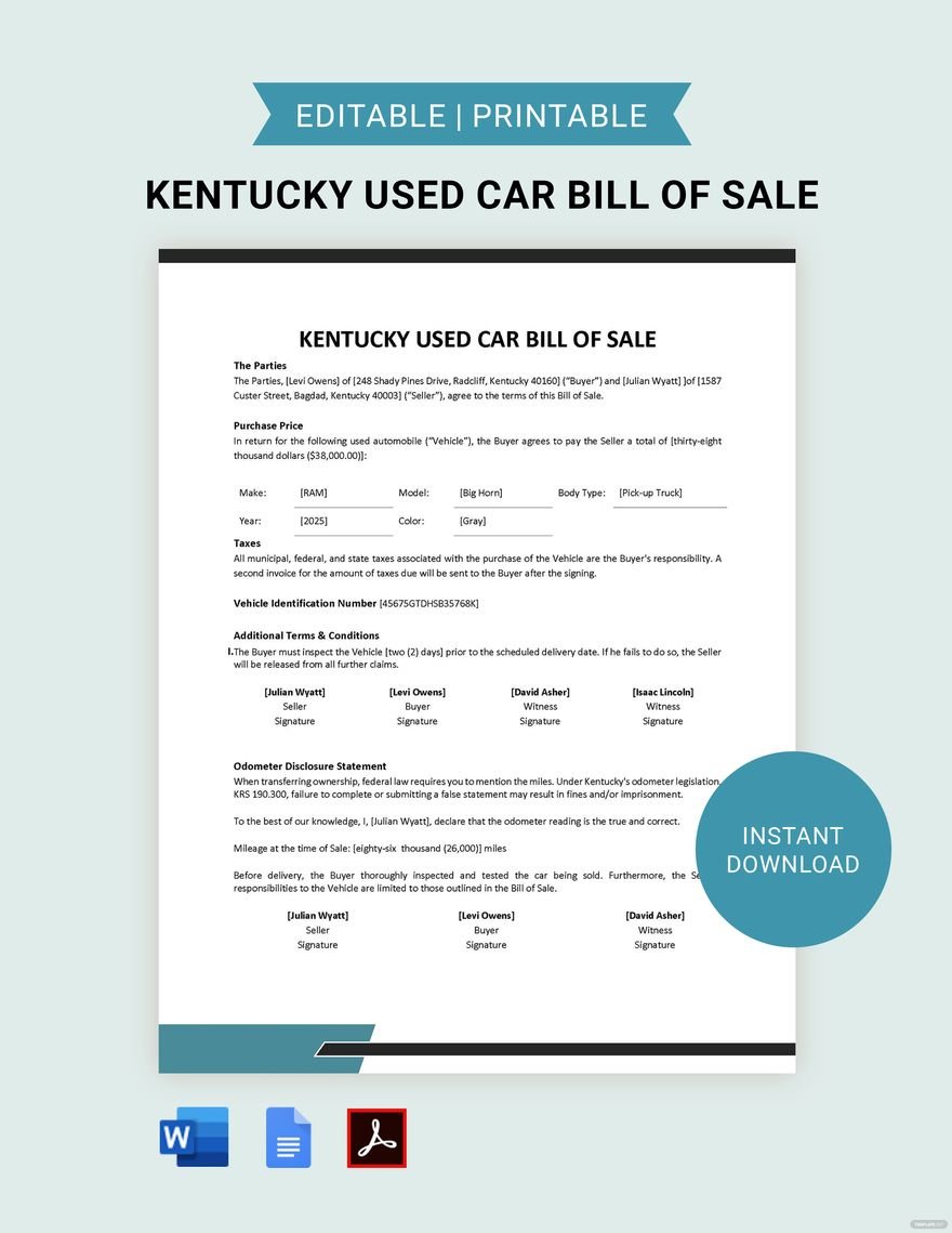 Kentucky Used Car Bill of Sale Template