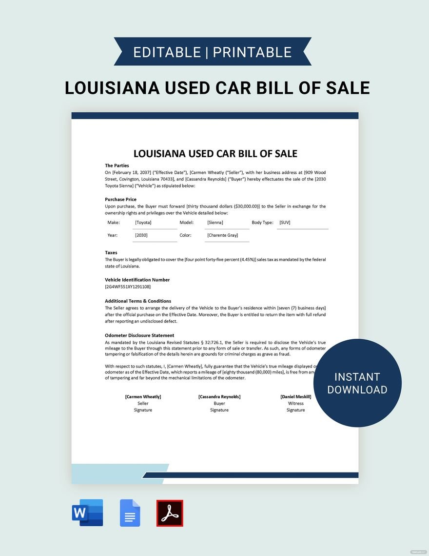 Louisiana Used Car Bill of Sale Template