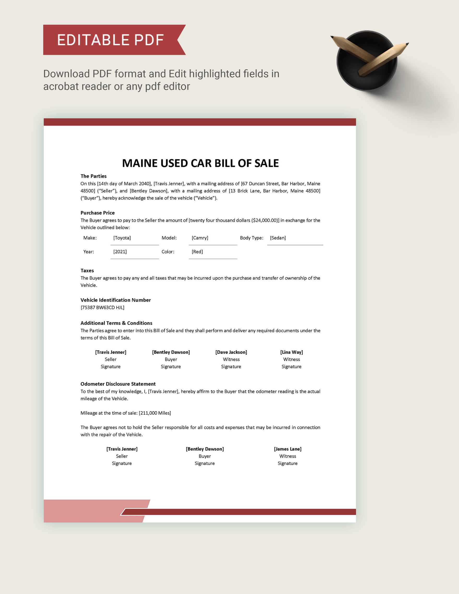 Maine Used Car Bill of Sale Template