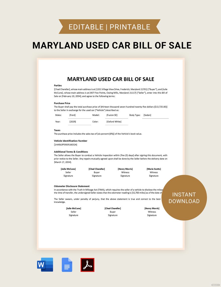Maryland Used Car Bill of Sale Template
