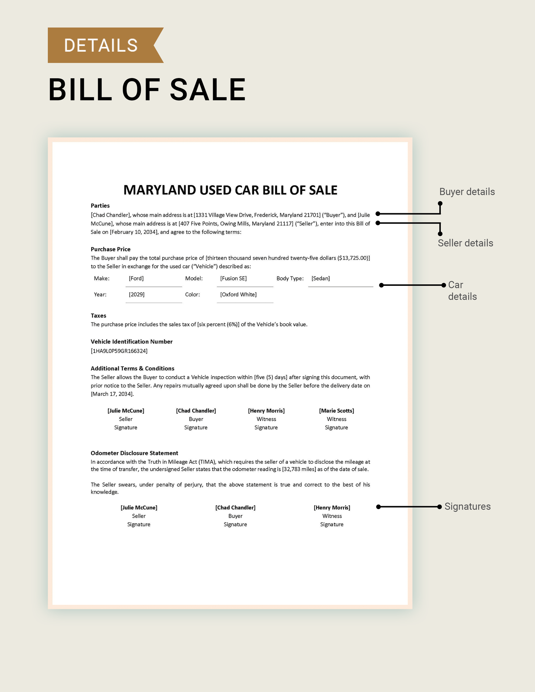 Maryland Used Car Bill of Sale Template in PDF Word Google Docs