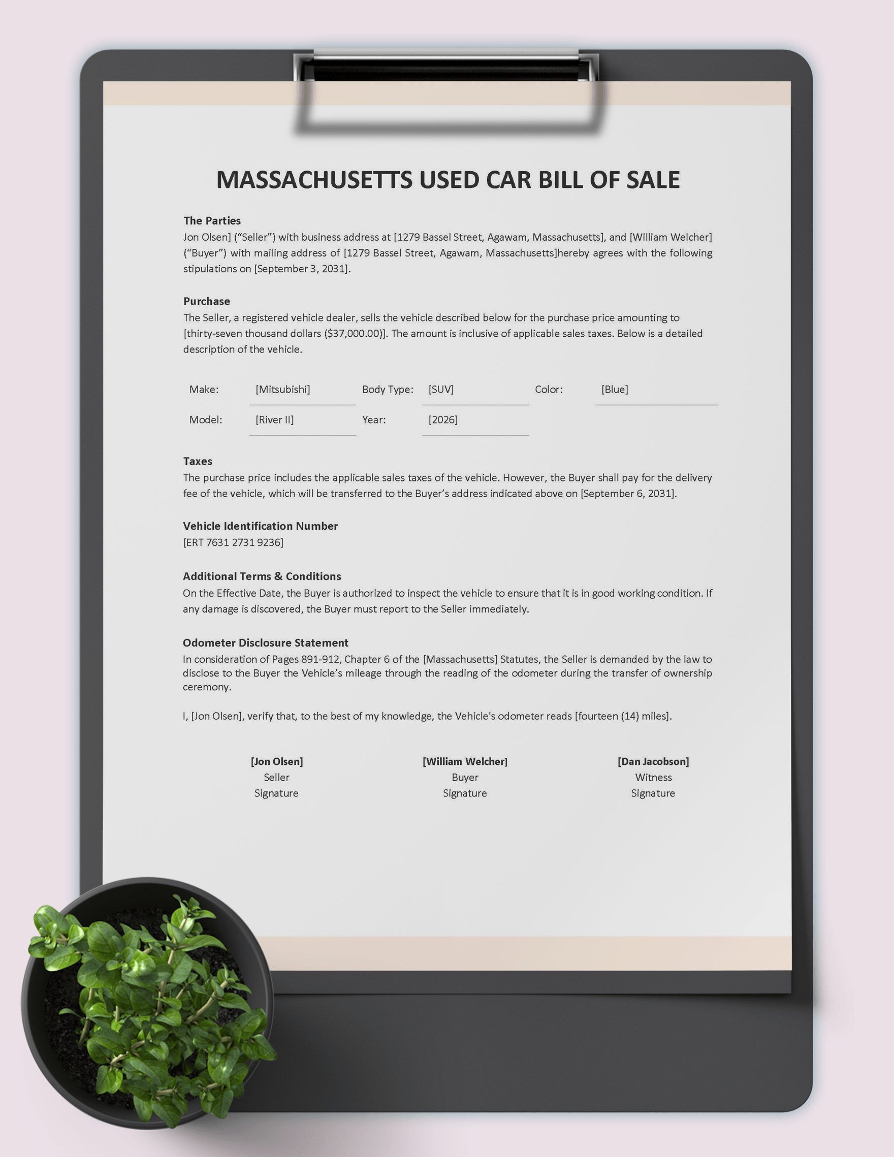 Massachusetts Used Car Bill of Sale Form Template