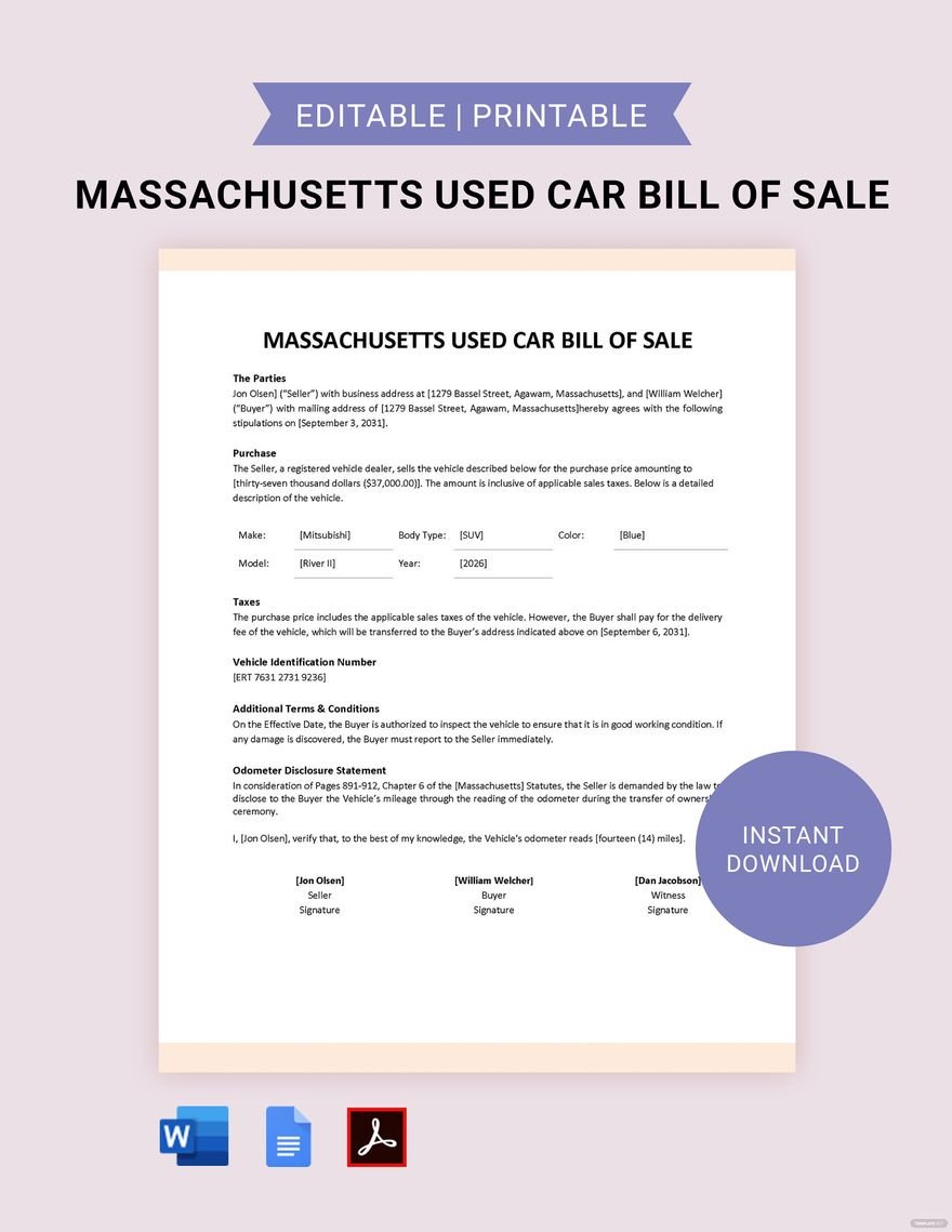 Massachusetts Used Car Bill of Sale Form Template