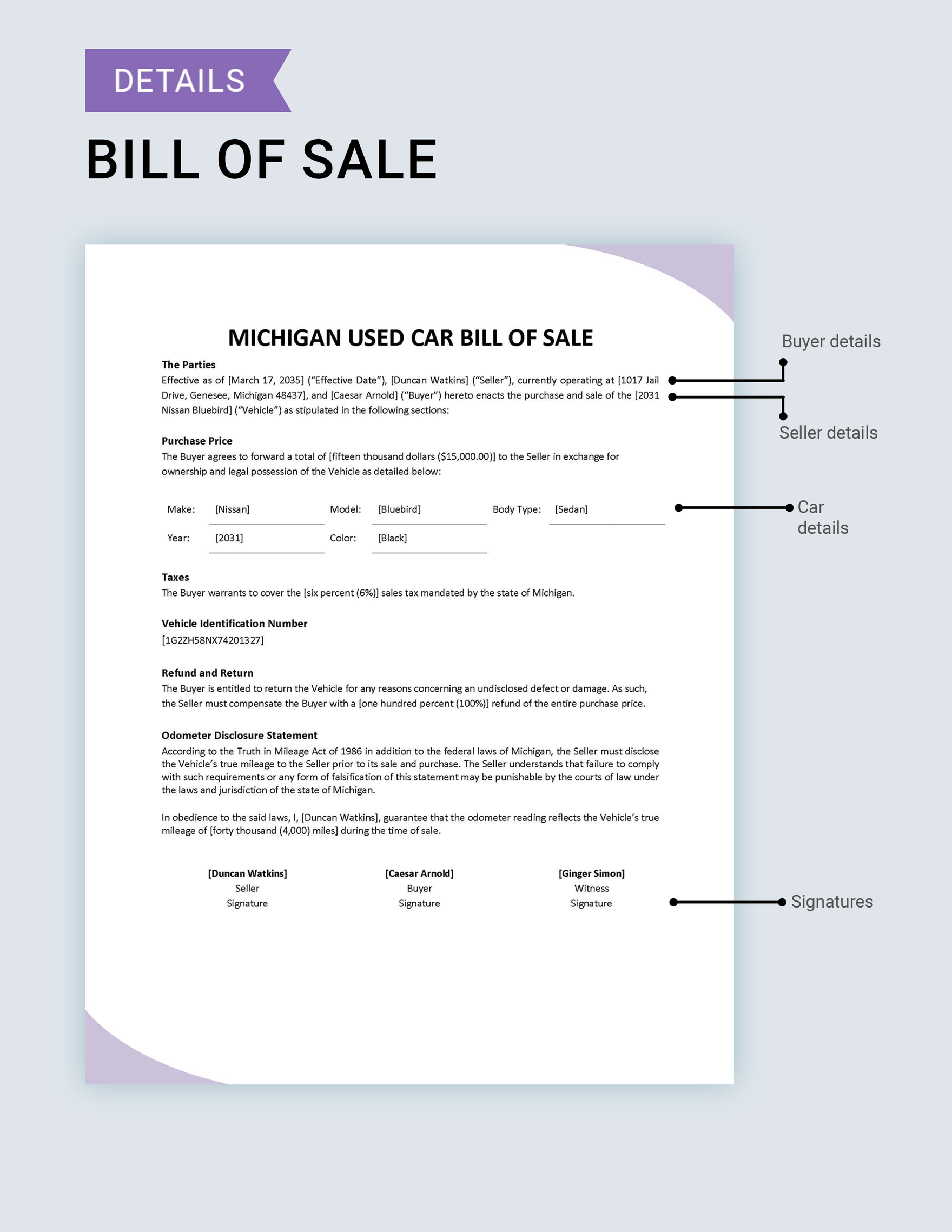 Michigan Used Car Bill of Sale Template