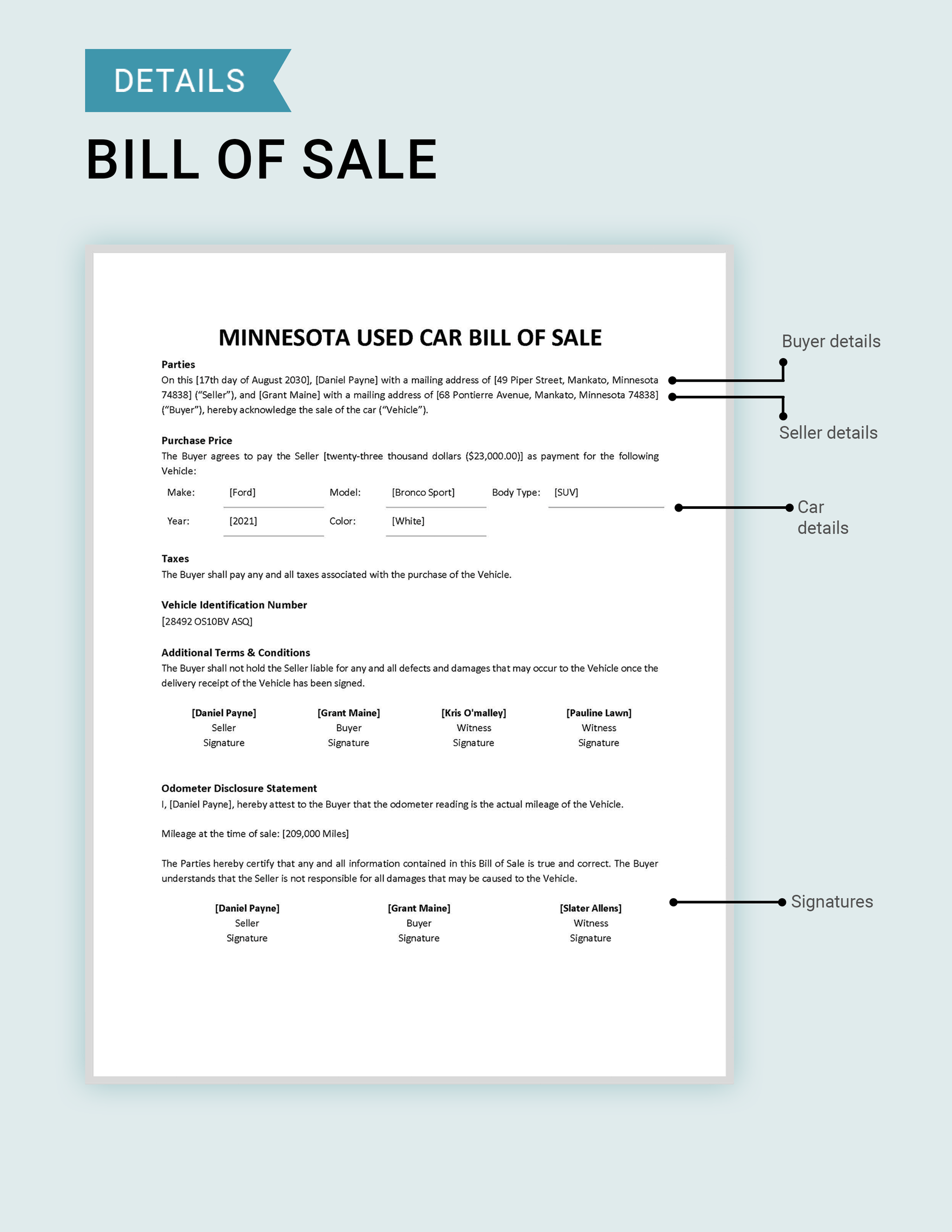 Minnesota Used Car Bill of Sale Template
