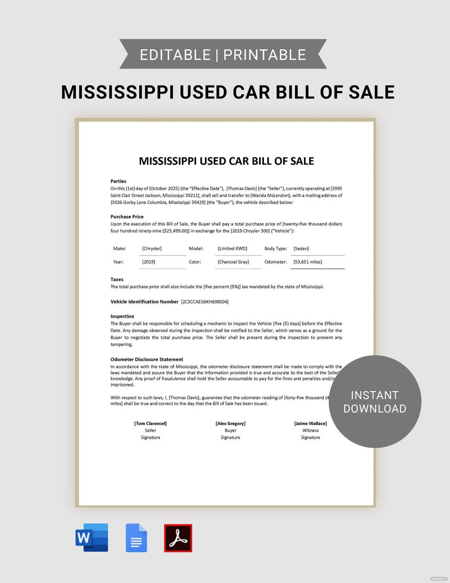 Mississippi Used Car Bill of Sale Form Template in Word, Google Docs, PDF