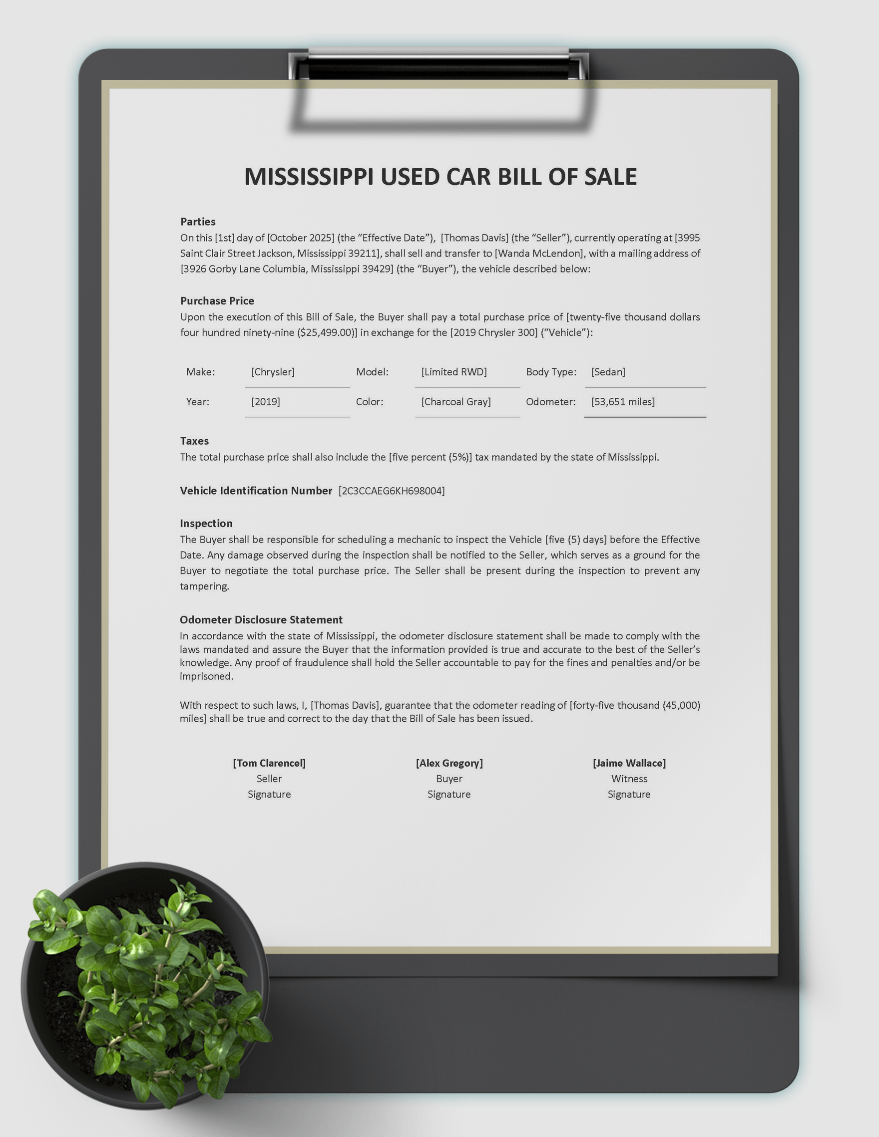 Mississippi Used Car Bill of Sale Form Template