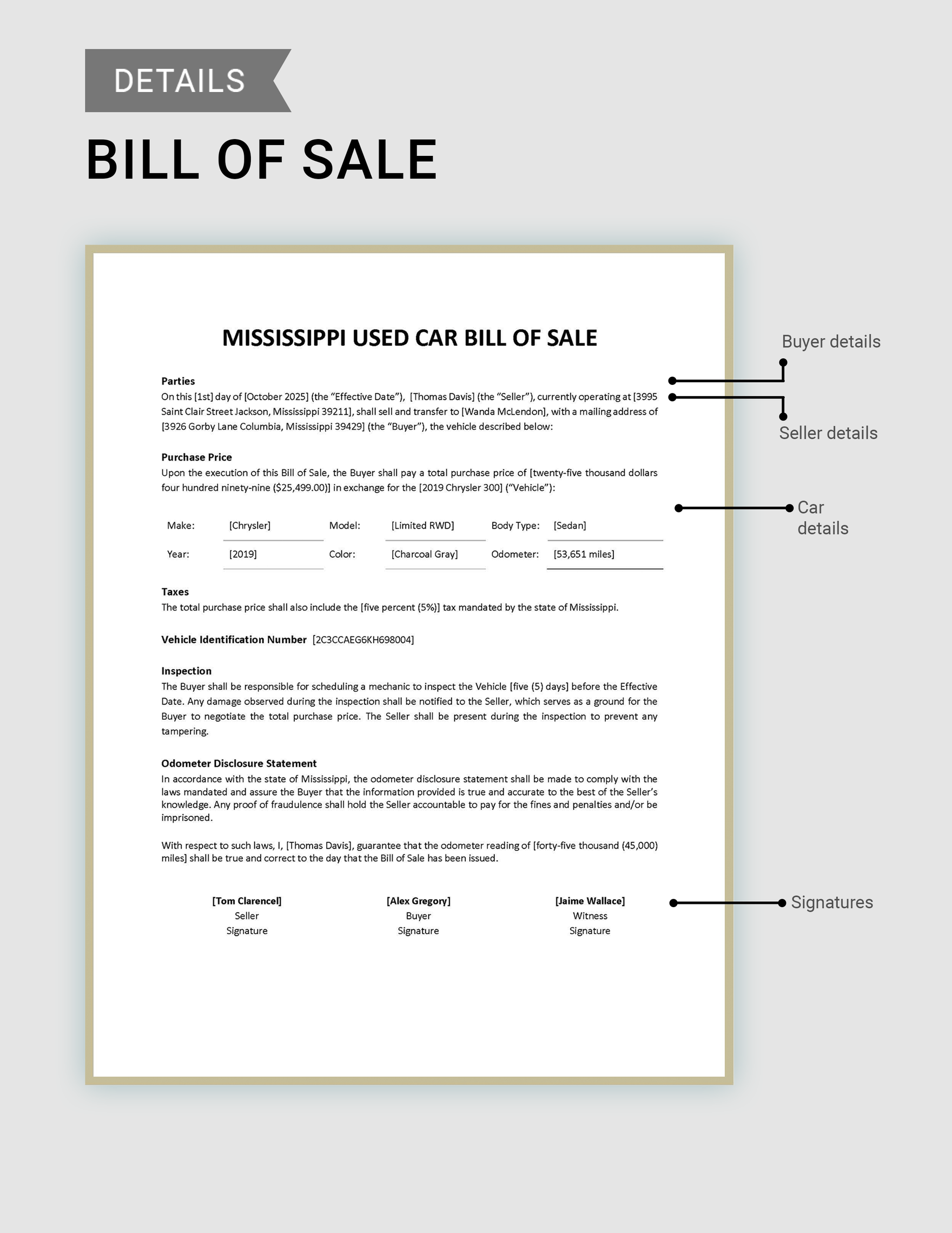 Mississippi Used Car Bill of Sale Form Template