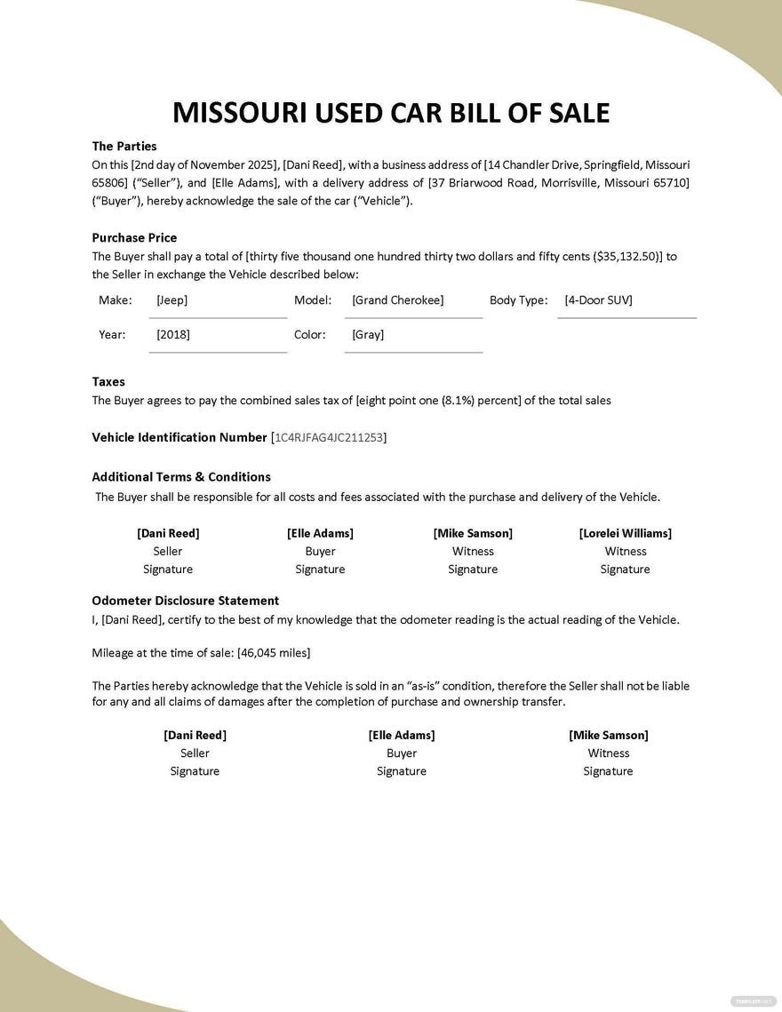 Free Missouri Used Car Bill of Sale Form Template Google Docs, Word