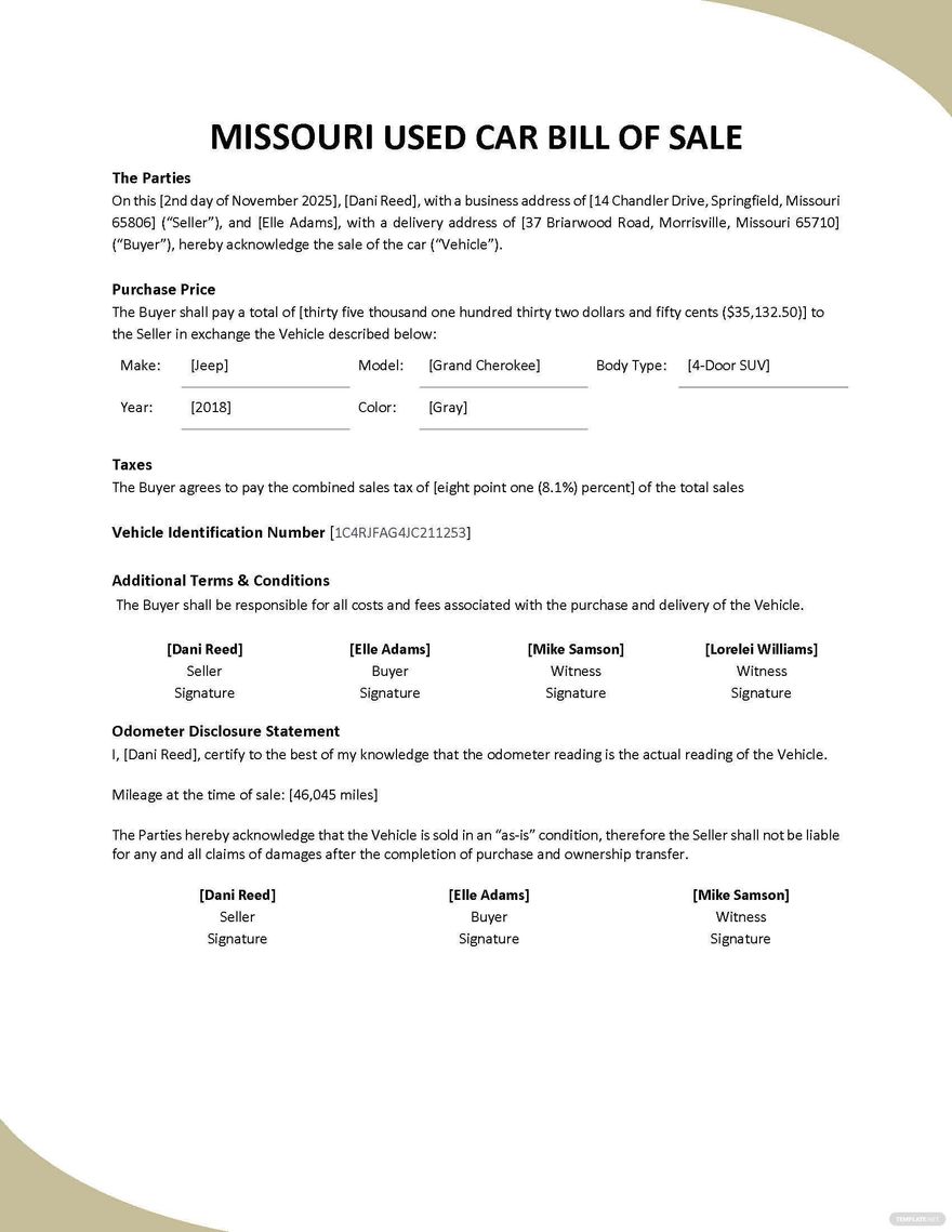 Bill Of Sale Missouri Free Printable