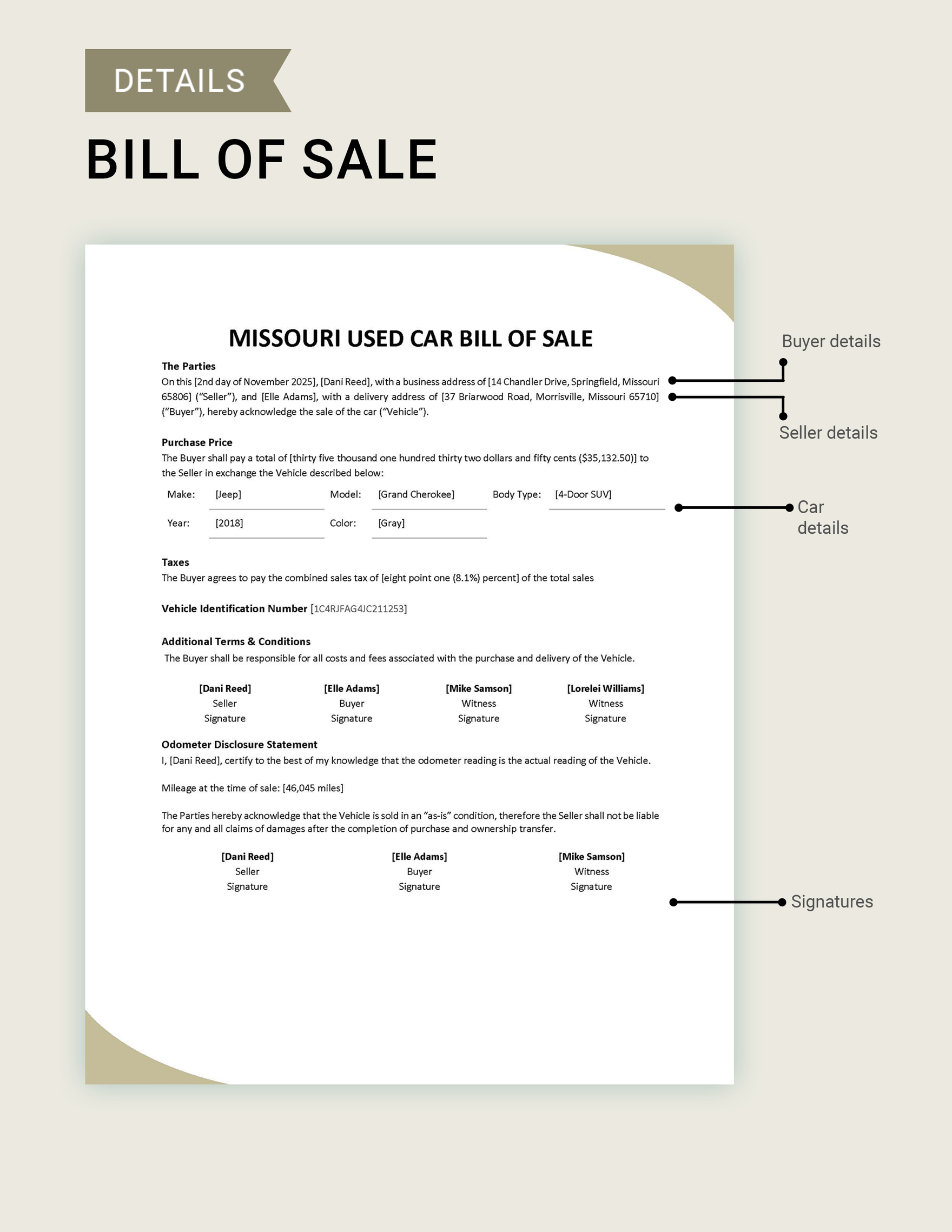 Missouri Used Car Bill of Sale Form Template