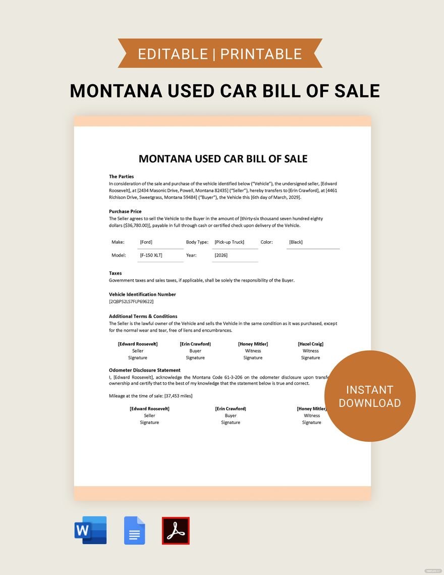 Montana Used Car Bill of Sale Template
