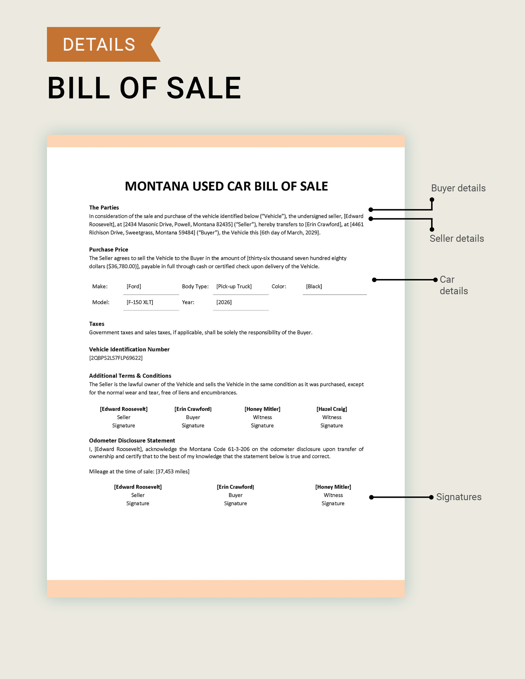 Montana Used Car Bill of Sale Template