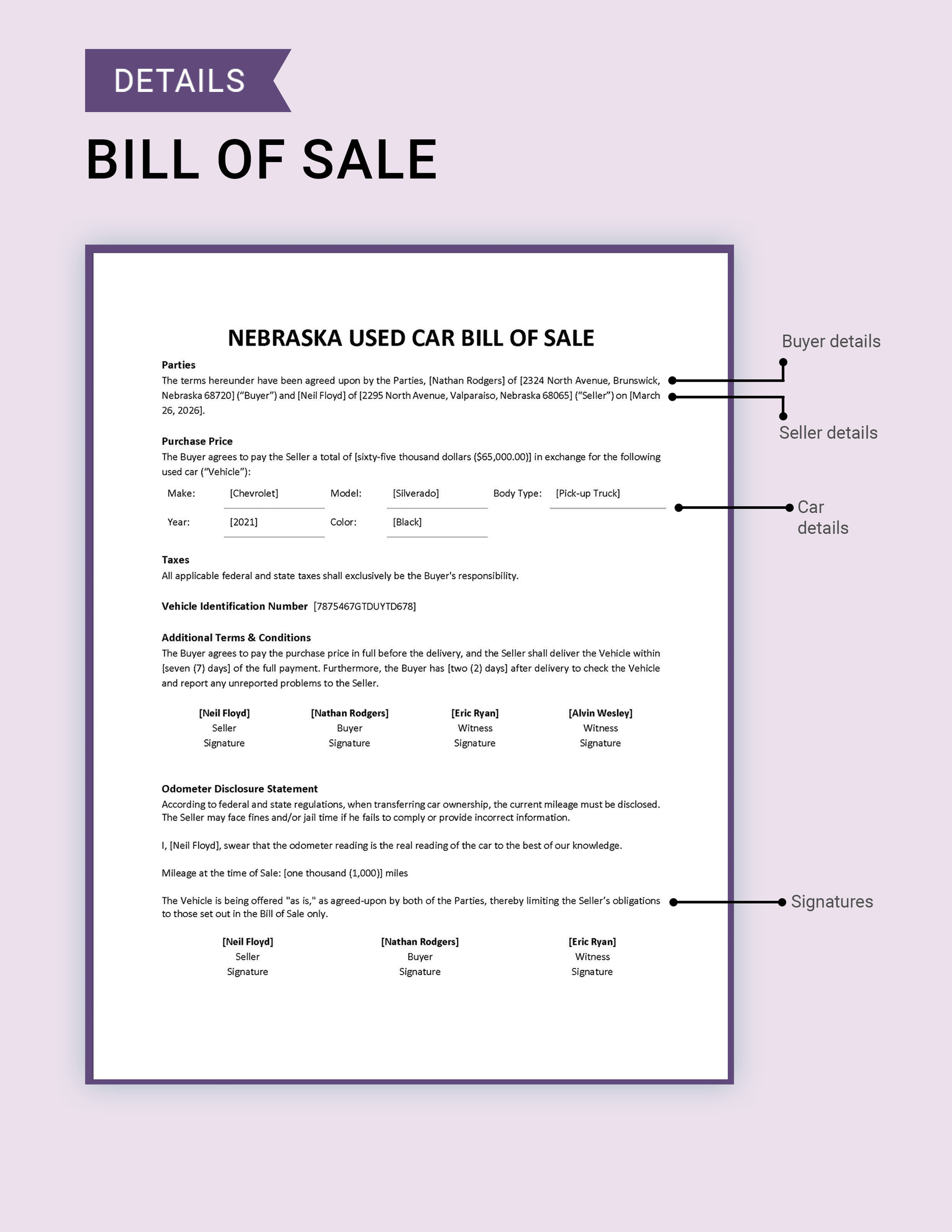 Nebraska Used Car Bill of Sale Template