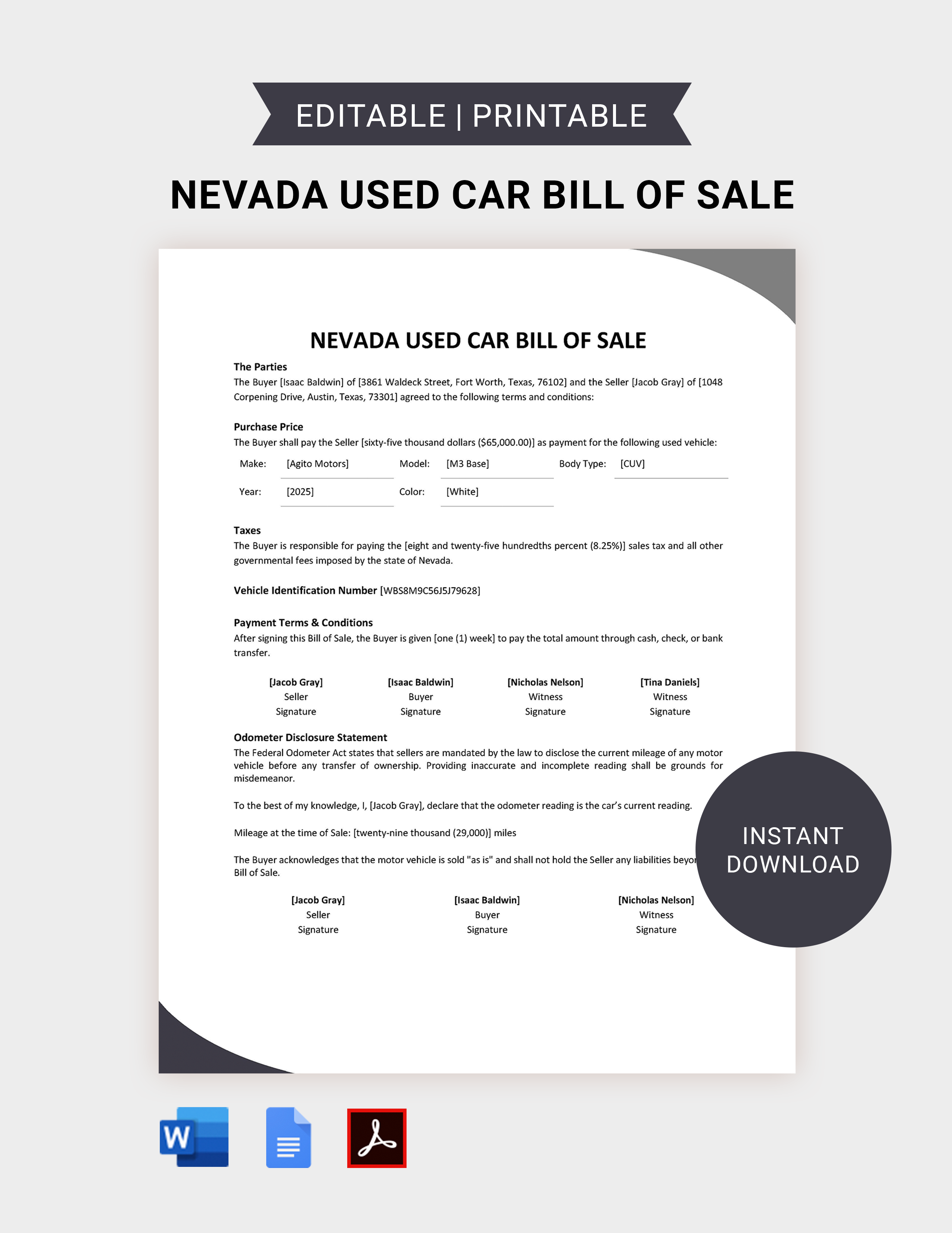 Bill Of Sale Nevada Template