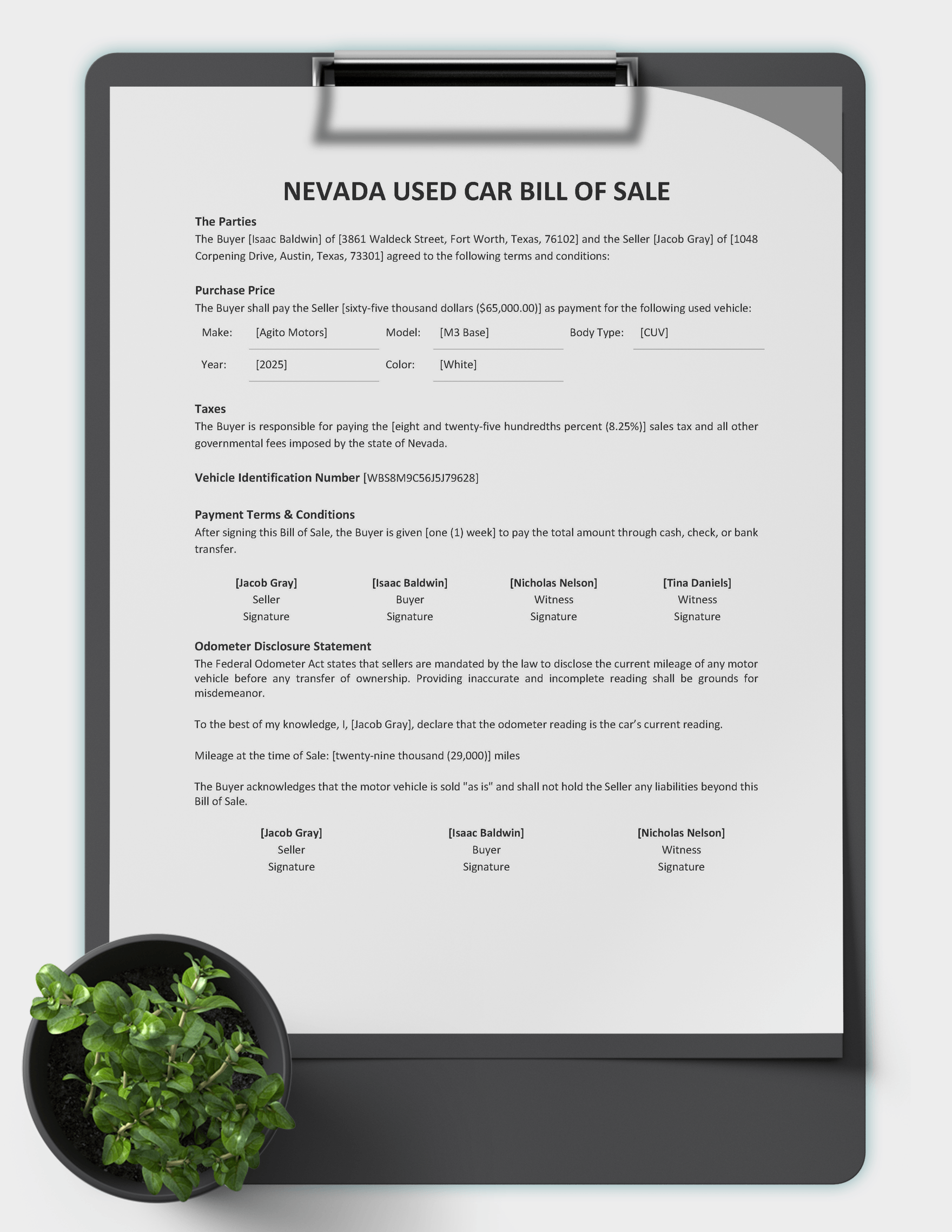 Nevada Used Car Bill of Sale Template