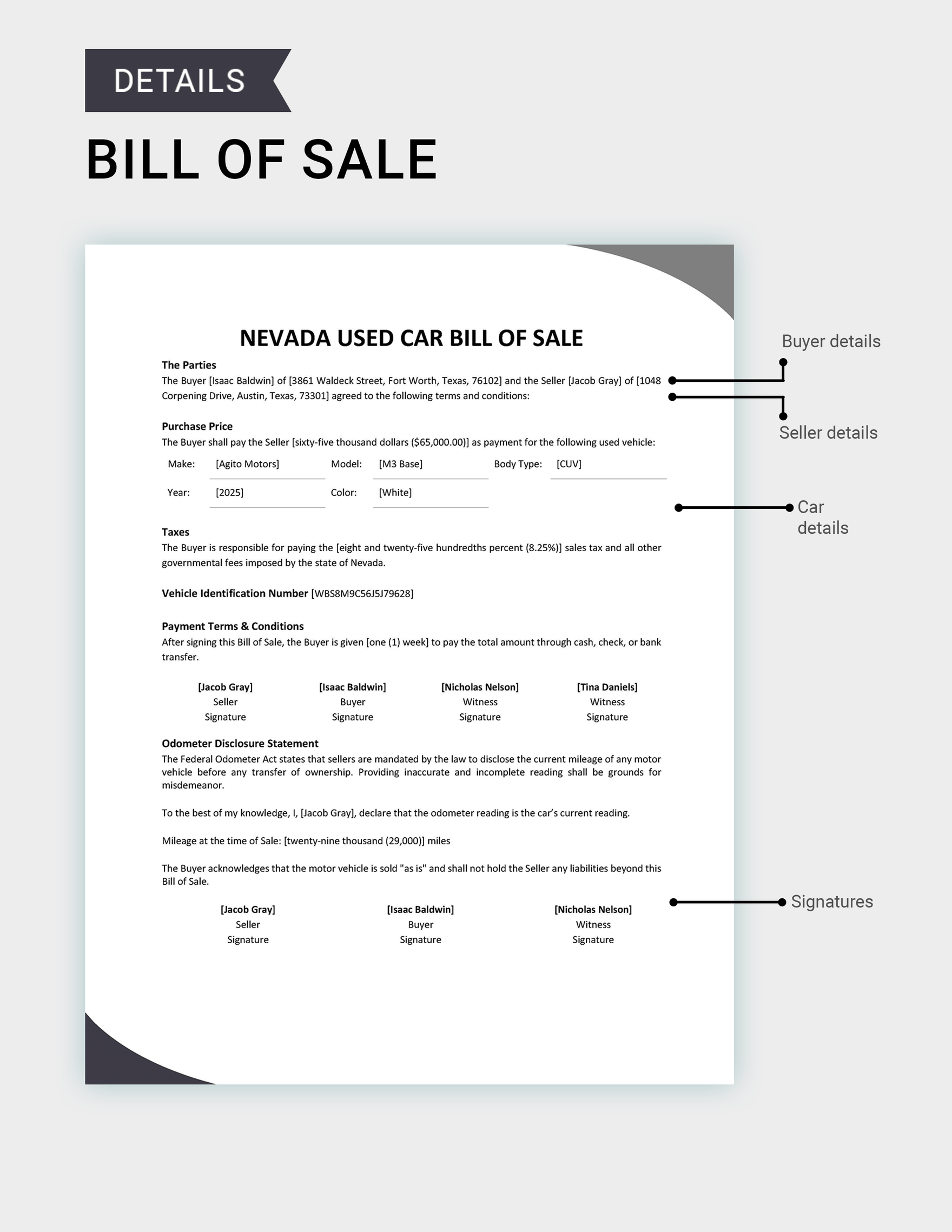 Nevada Used Car Bill of Sale Template
