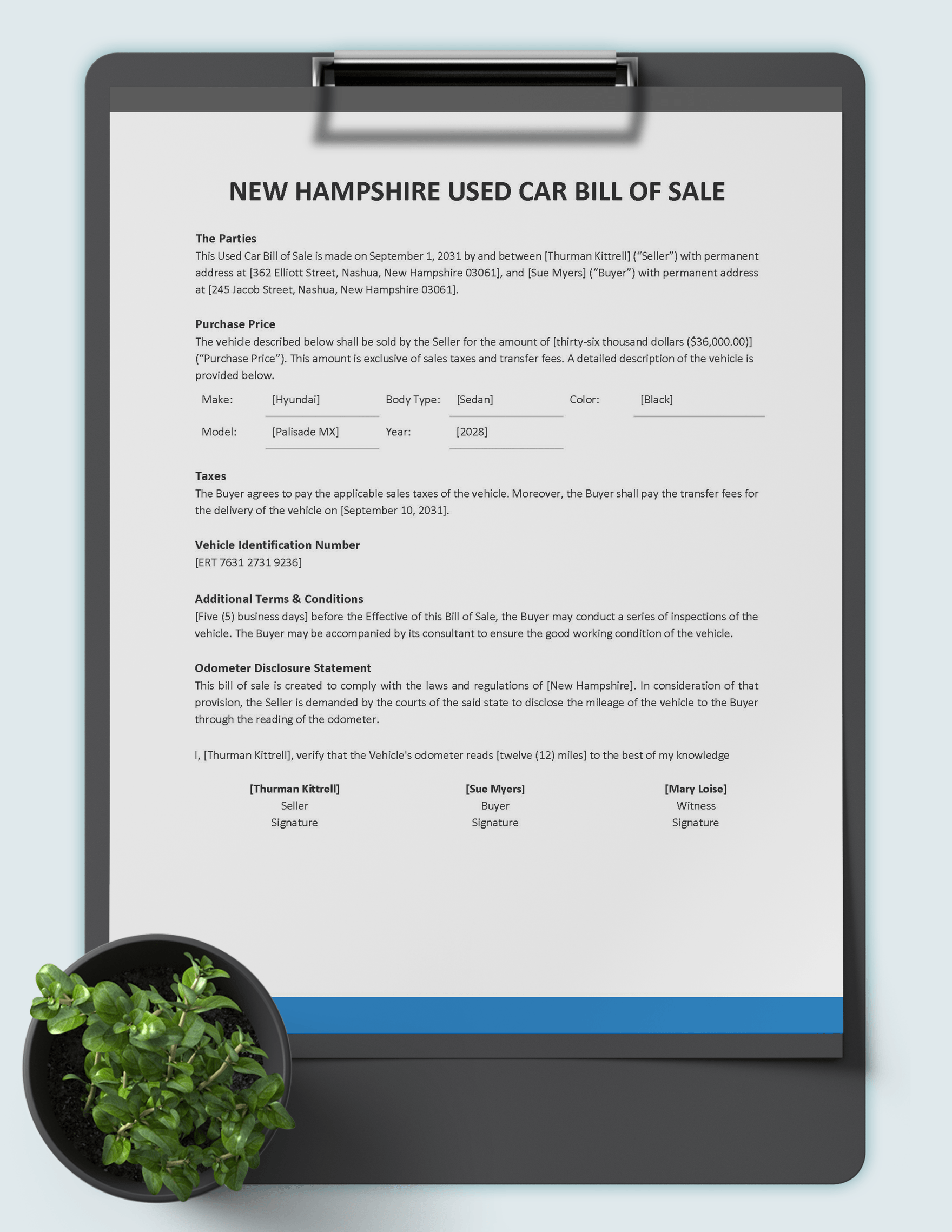 New Hampshire Used Car Bill of Sale Template