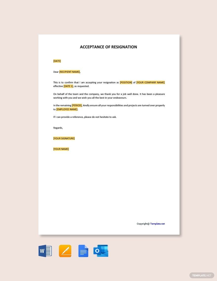 Sample Acceptance of Resignation Template in Word, Google Docs, PDF, Apple Pages, Outlook