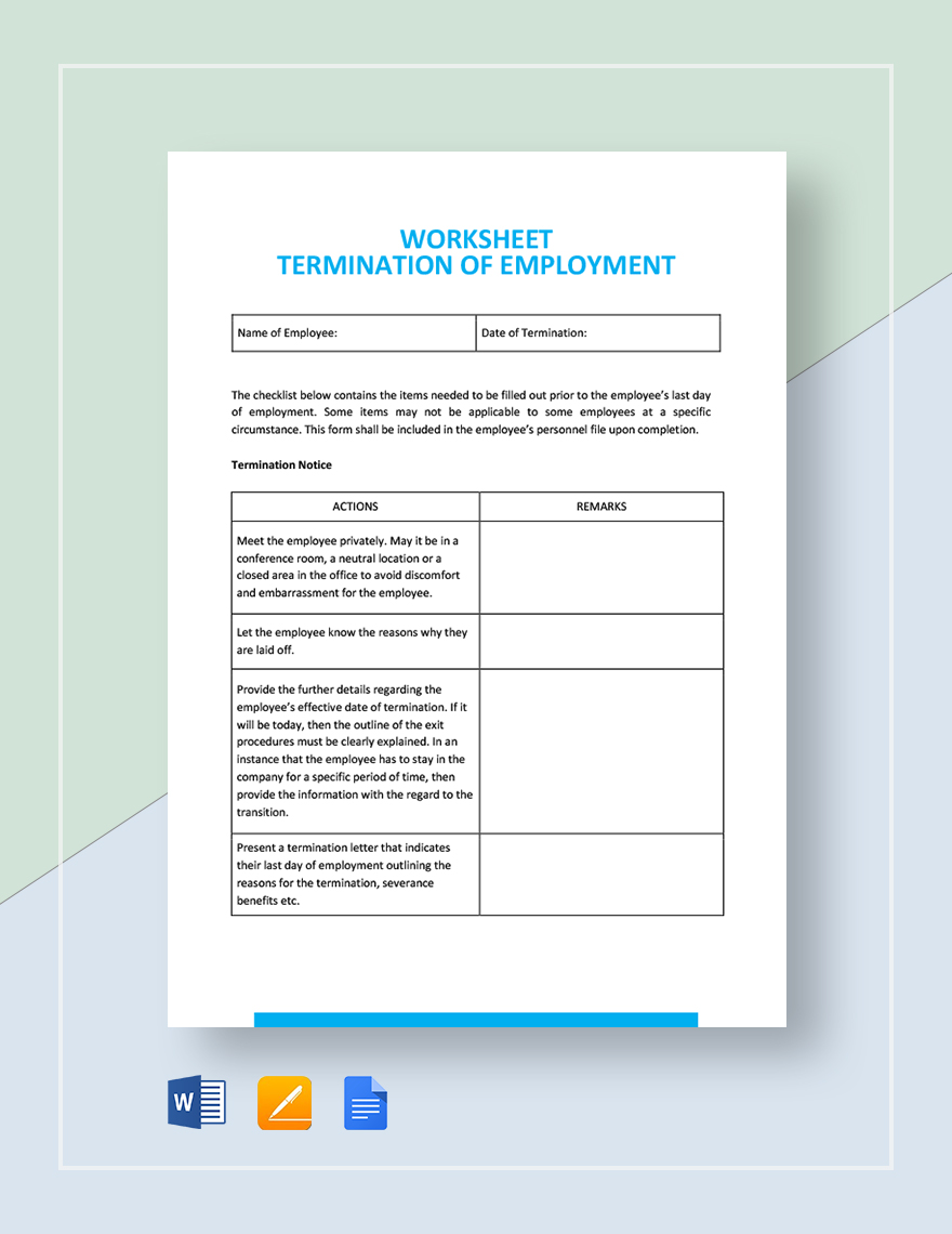 Worksheet Termination of Employment Template