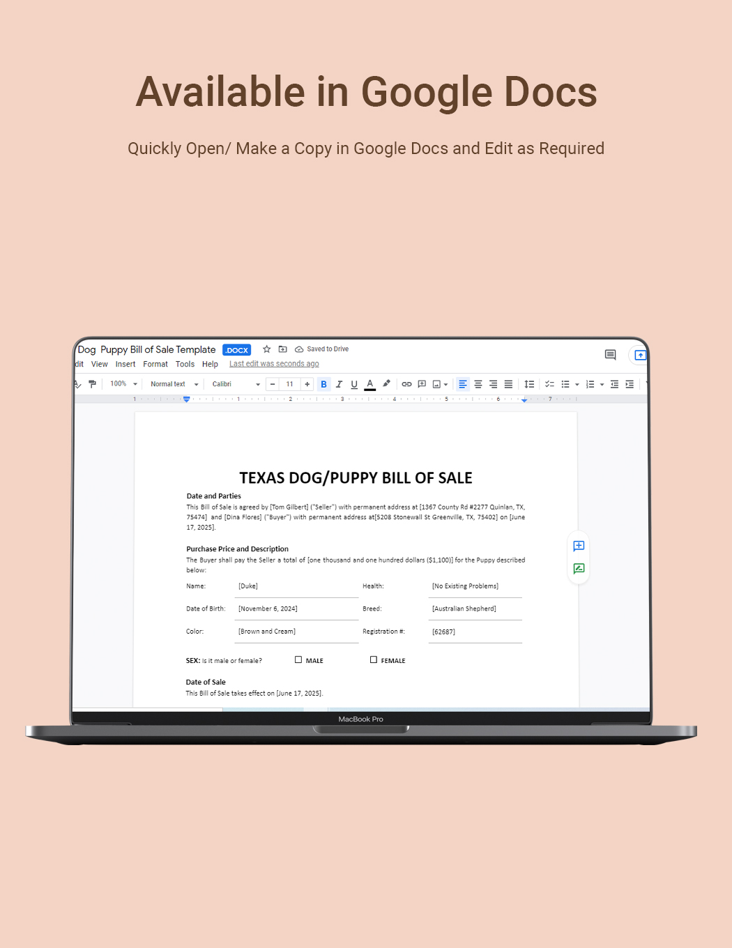 Texas Dog / Puppy Bill of Sale Template