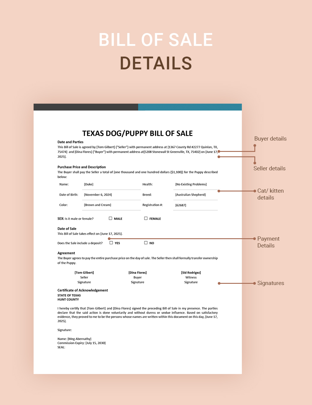 Texas Dog / Puppy Bill of Sale Template