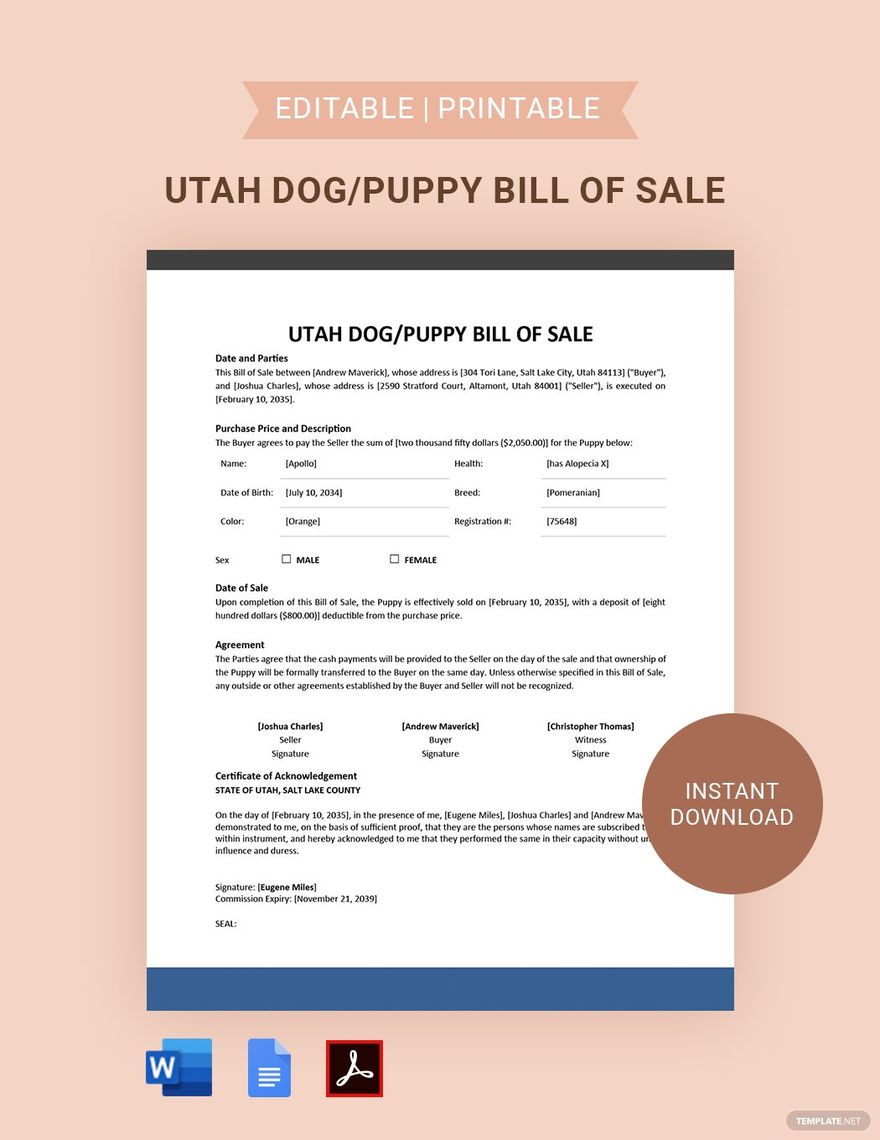 Utah Dog / Puppy Bill of Sale Template