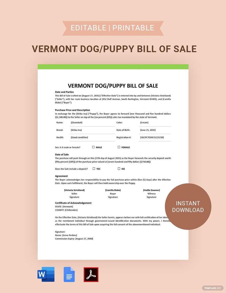 Vermont Dog / Puppy Bill of Sale Template in Word, Google Docs, PDF