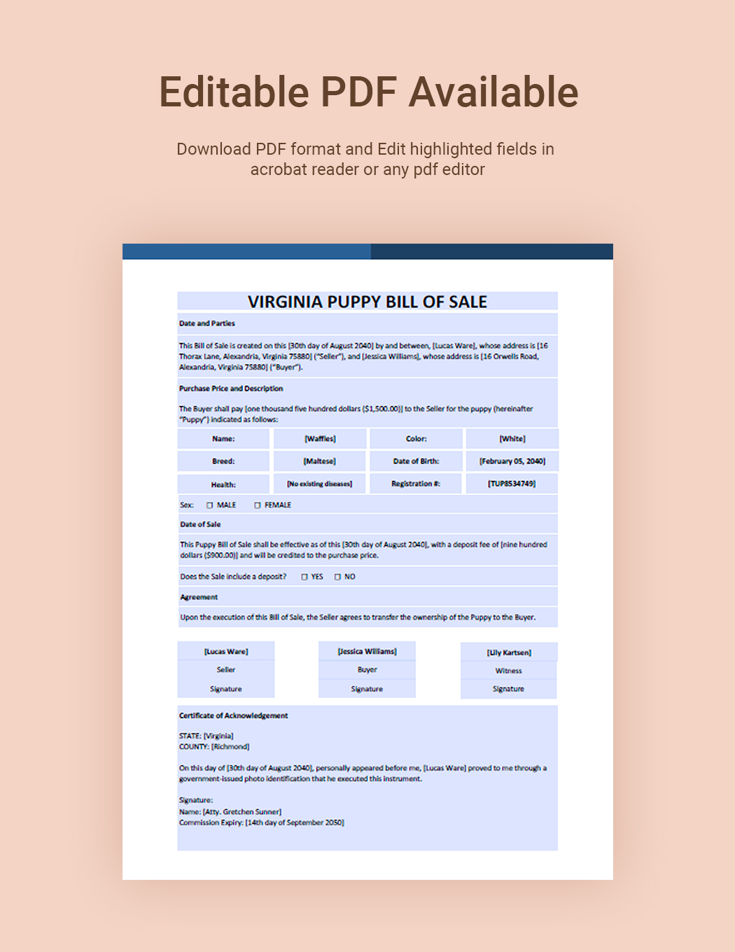 Virginia Dog / Puppy Bill of Sale Form Template