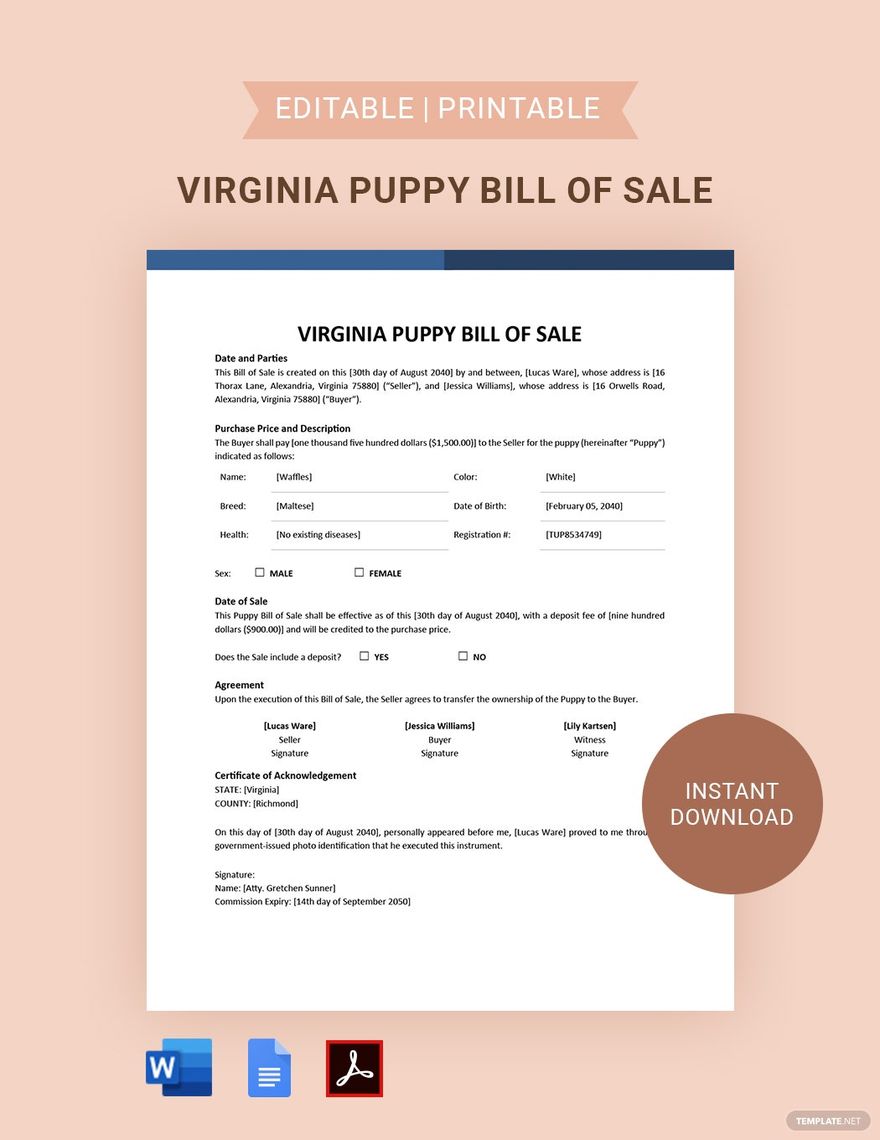 Virginia Dog / Puppy Bill of Sale Form Template in Google Docs, Word, PDF - Download | Template.net