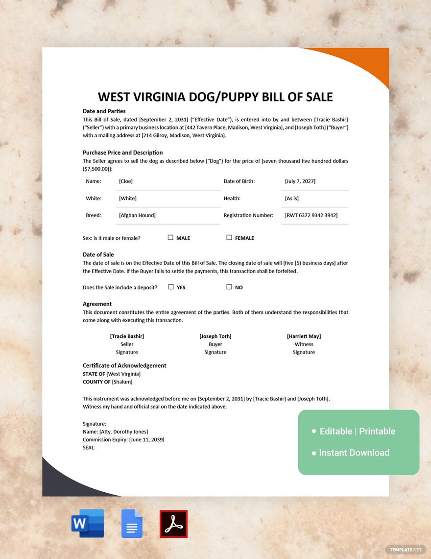 West Virginia Dog / Puppy Bill of Sale Template