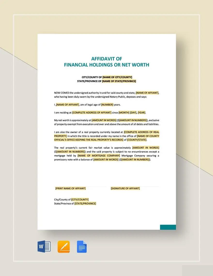 Affidavit of Financial Holdings or Net Worth Template