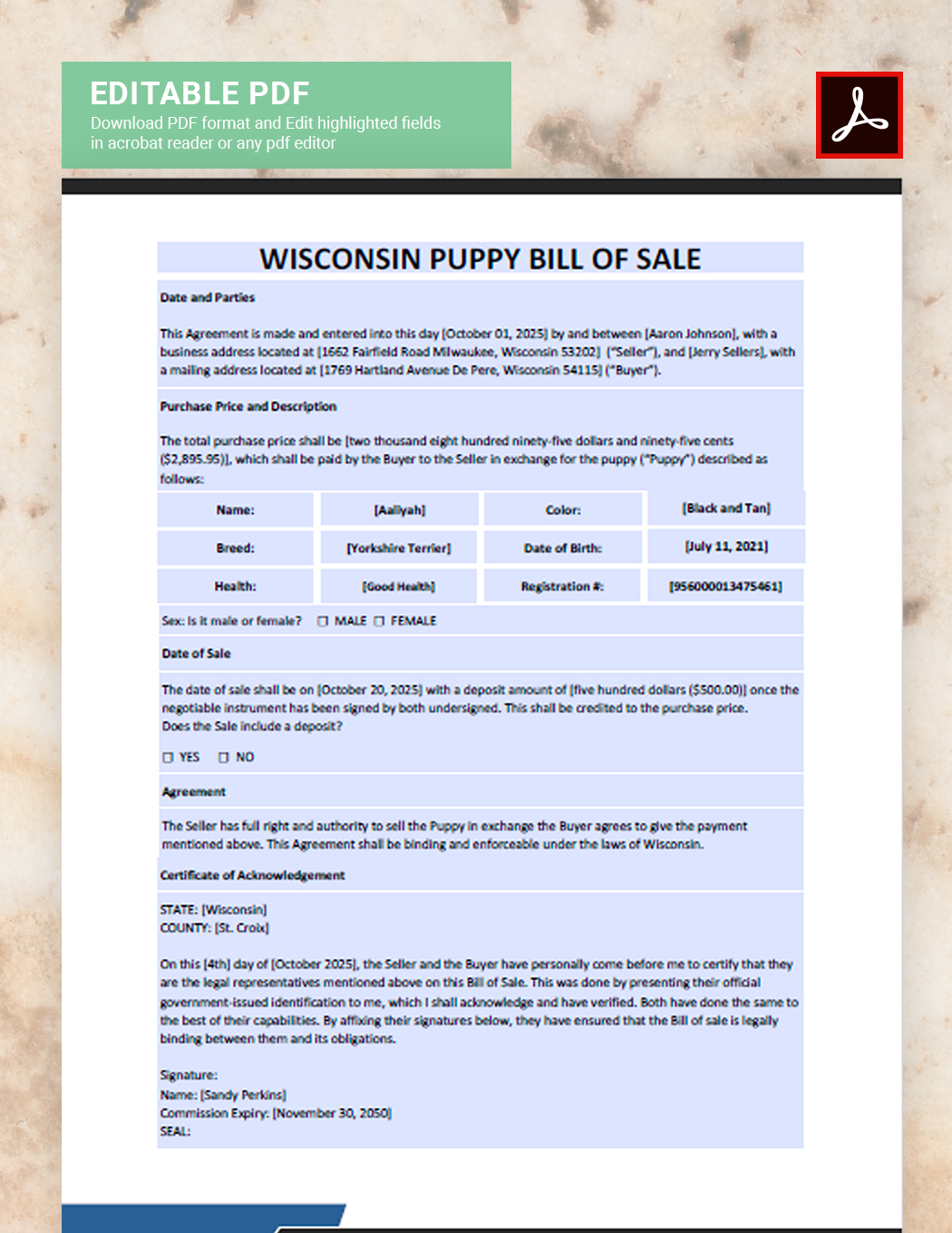 Wisconsin Dog / Puppy Bill of Sale Template