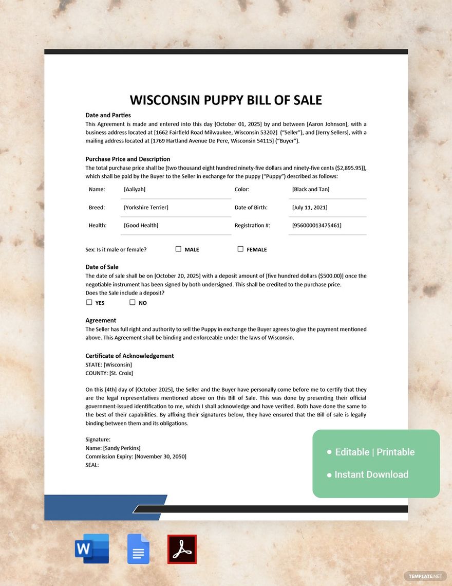 Wisconsin Dog / Puppy Bill of Sale Template
