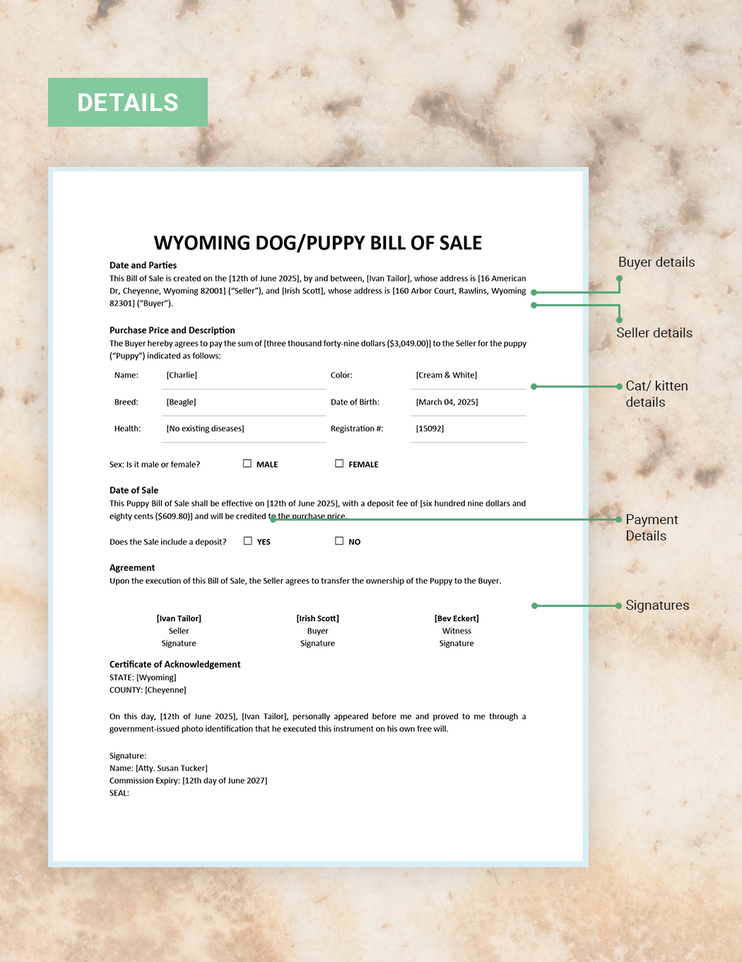 Wyoming Dog / Puppy Bill of Sale Template