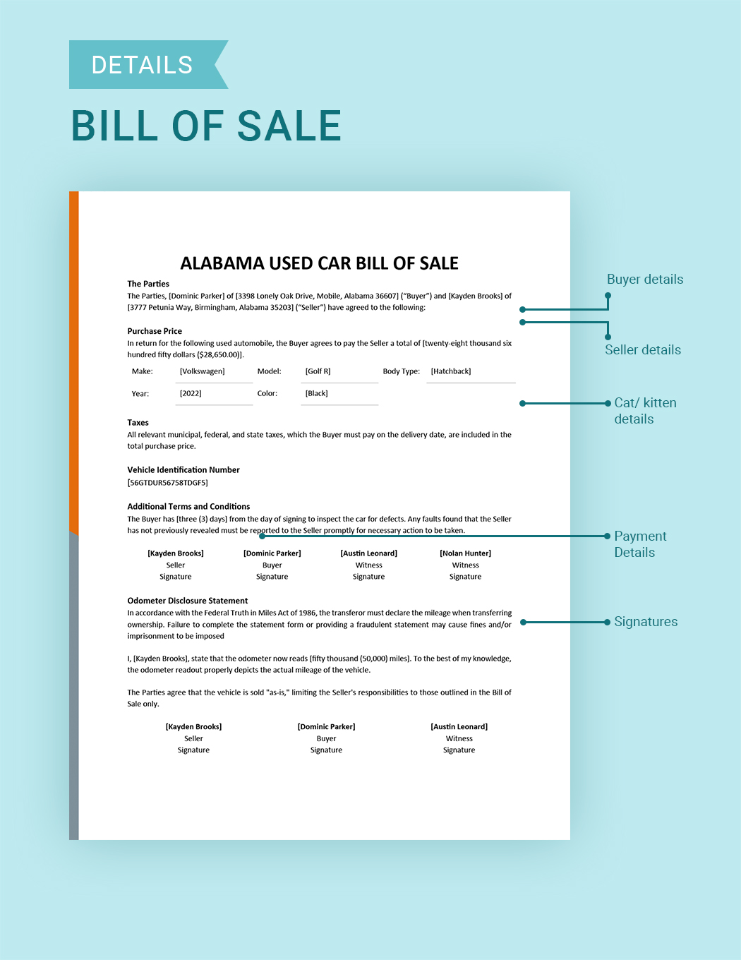 Alabama Used Car Bill of Sale Template