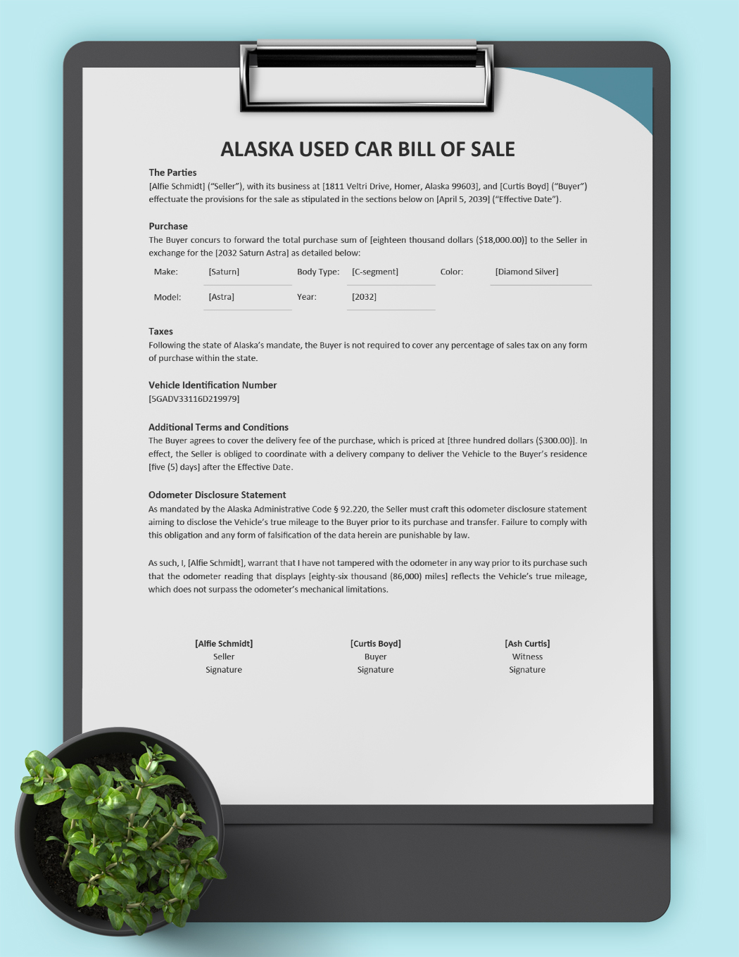 Alaska Used Car Bill of Sale Template
